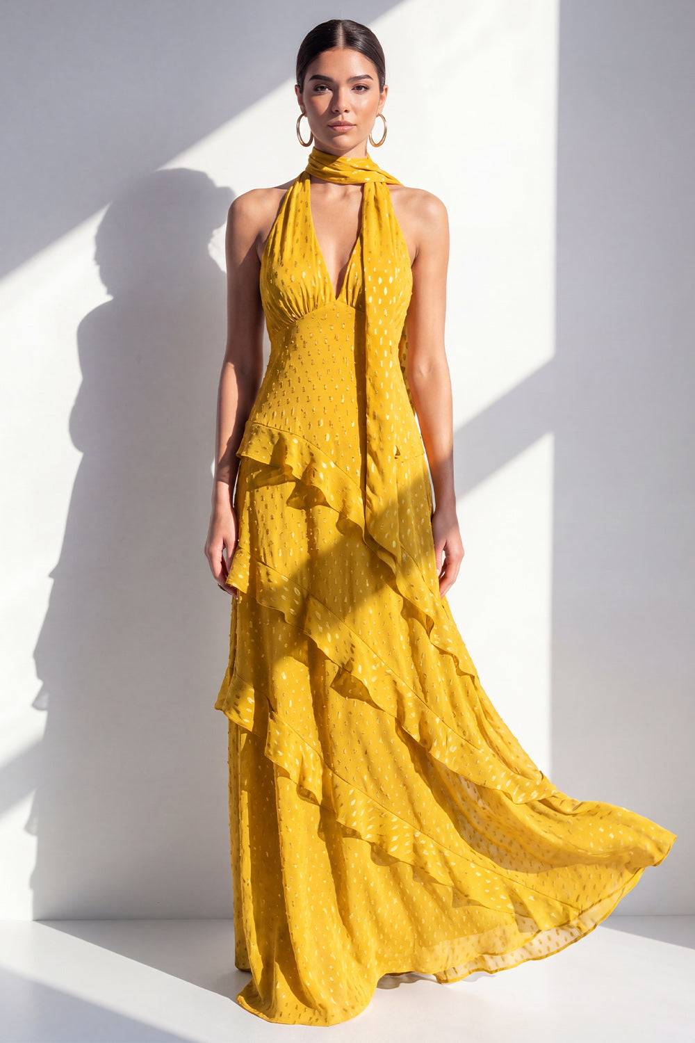 Olive Halter Ruffled A Line Backless Maxi Beach Wedding Guest Dress