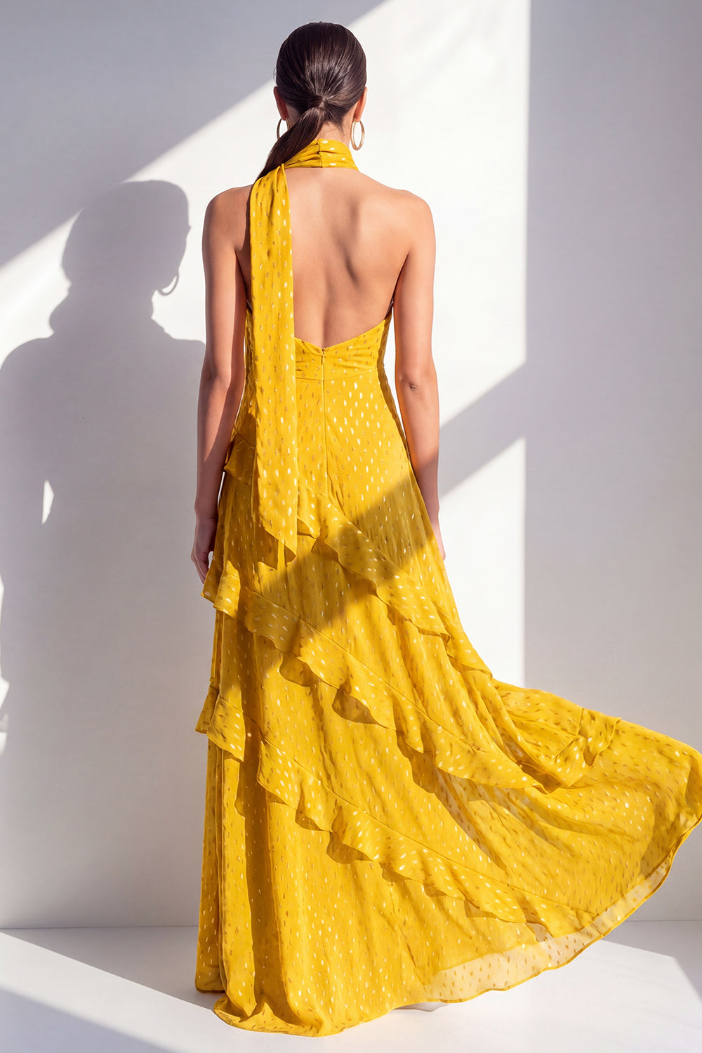 Olive Halter Ruffled A Line Backless Maxi Beach Wedding Guest Dress