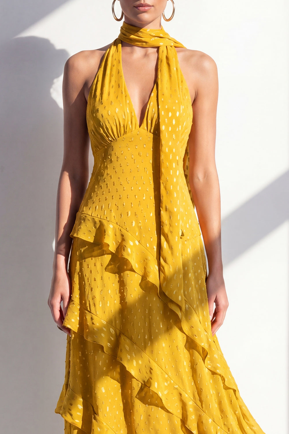 Olive Halter Ruffled A Line Backless Maxi Beach Wedding Guest Dress