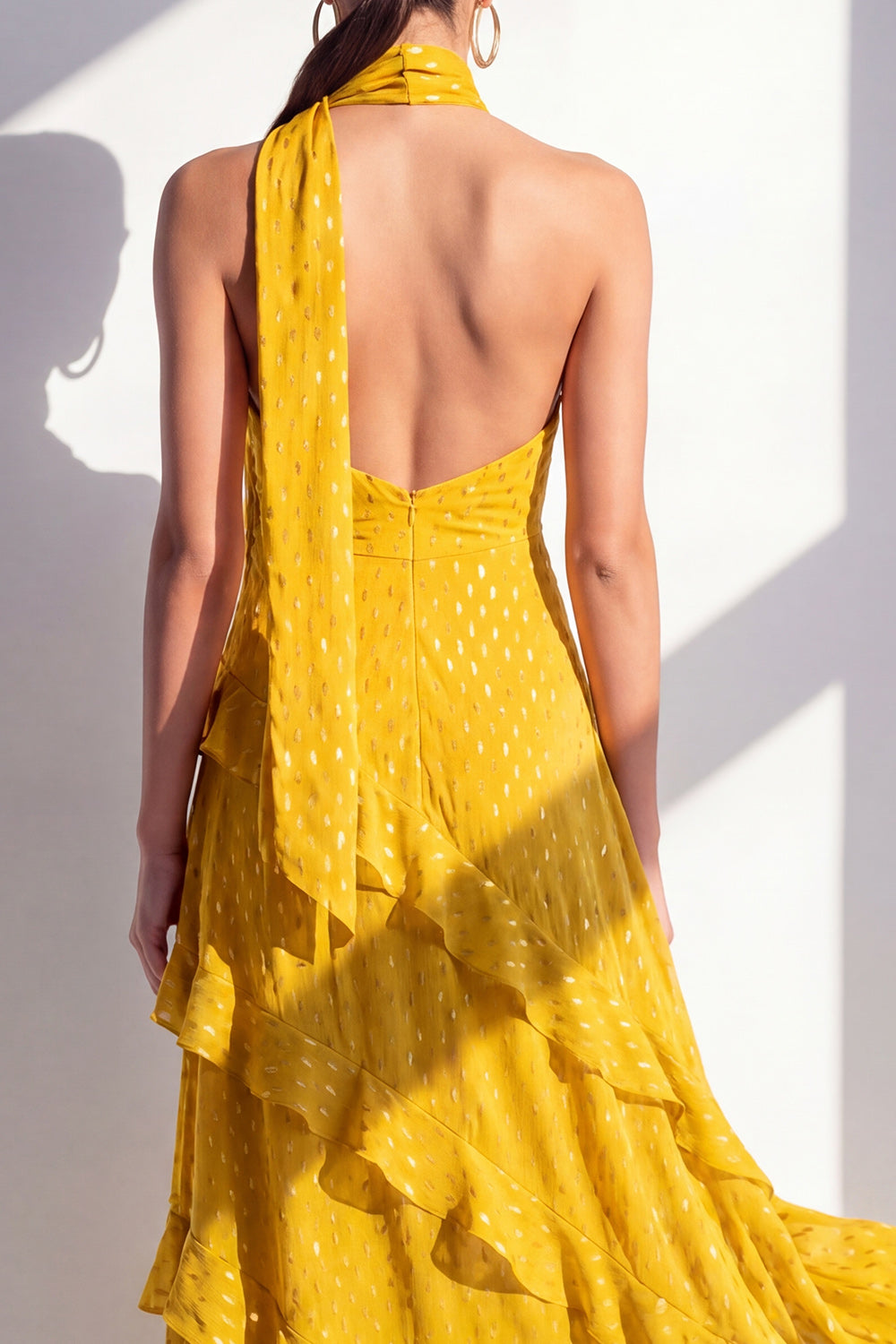 Olive Halter Ruffled A Line Backless Maxi Beach Wedding Guest Dress