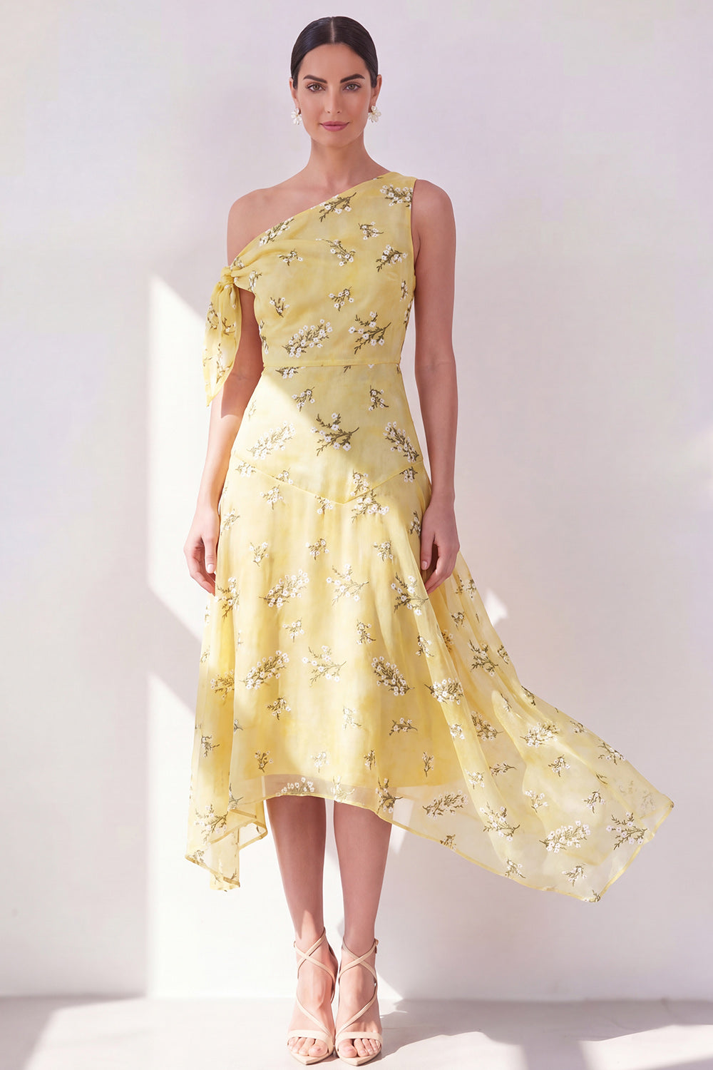 Floral One Shoulder Butter Yellow A Line Asymmetrical Wedding Guest Dress