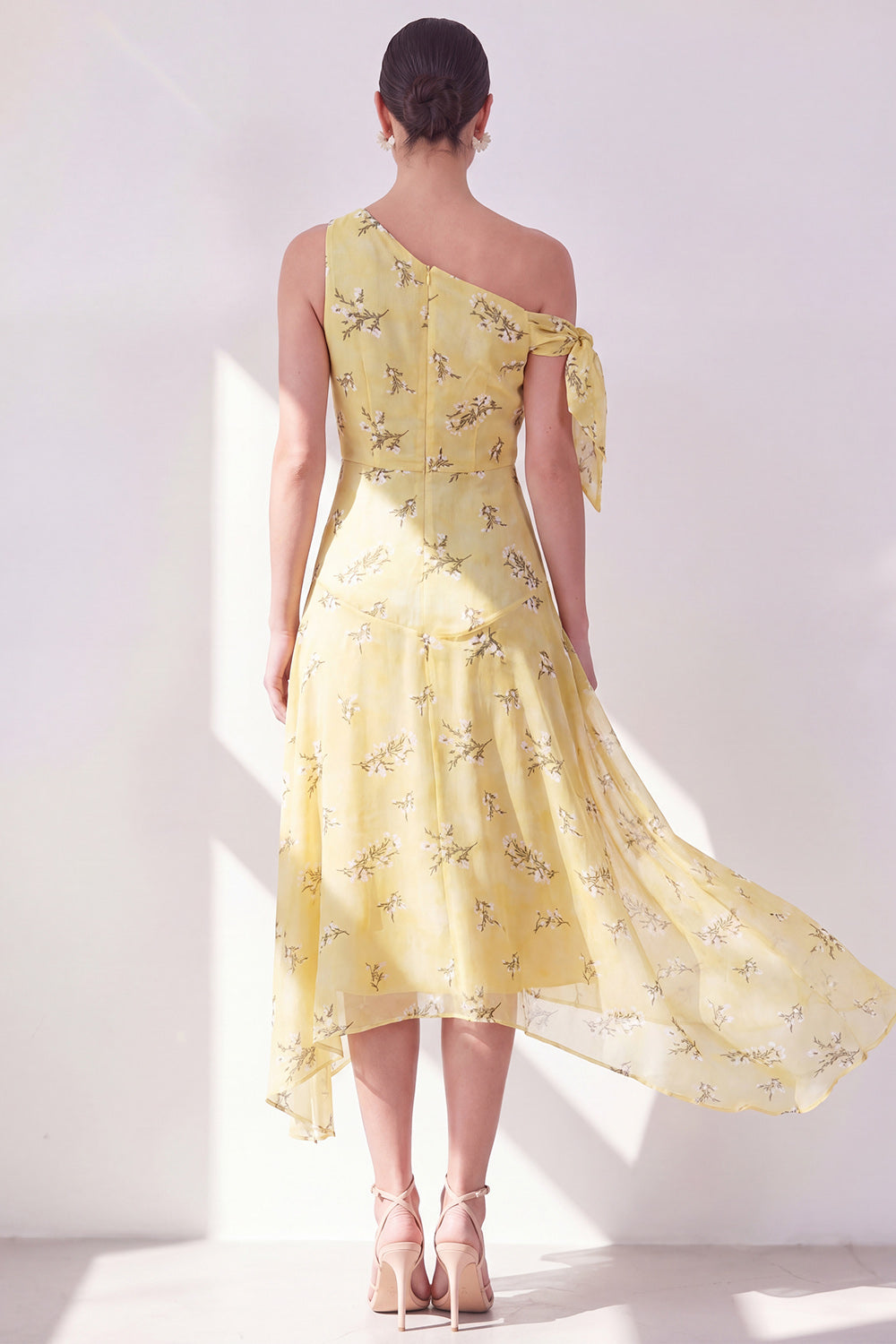 Floral One Shoulder Butter Yellow A Line Asymmetrical Wedding Guest Dress