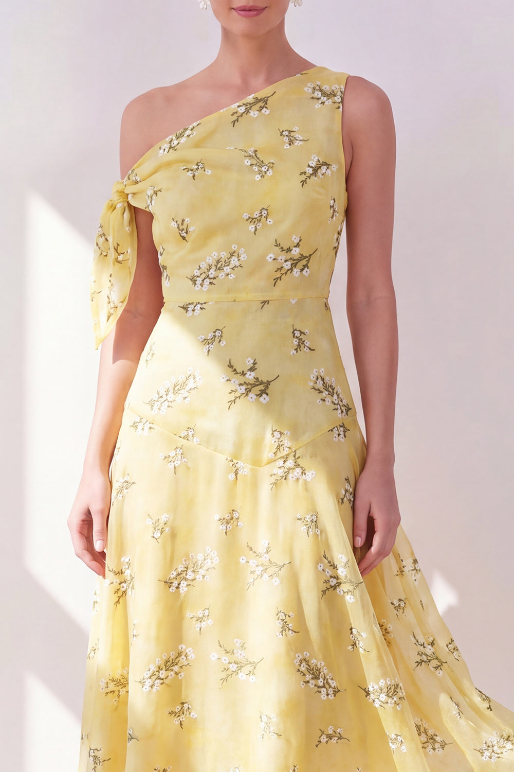 Floral One Shoulder Butter Yellow A Line Asymmetrical Wedding Guest Dress