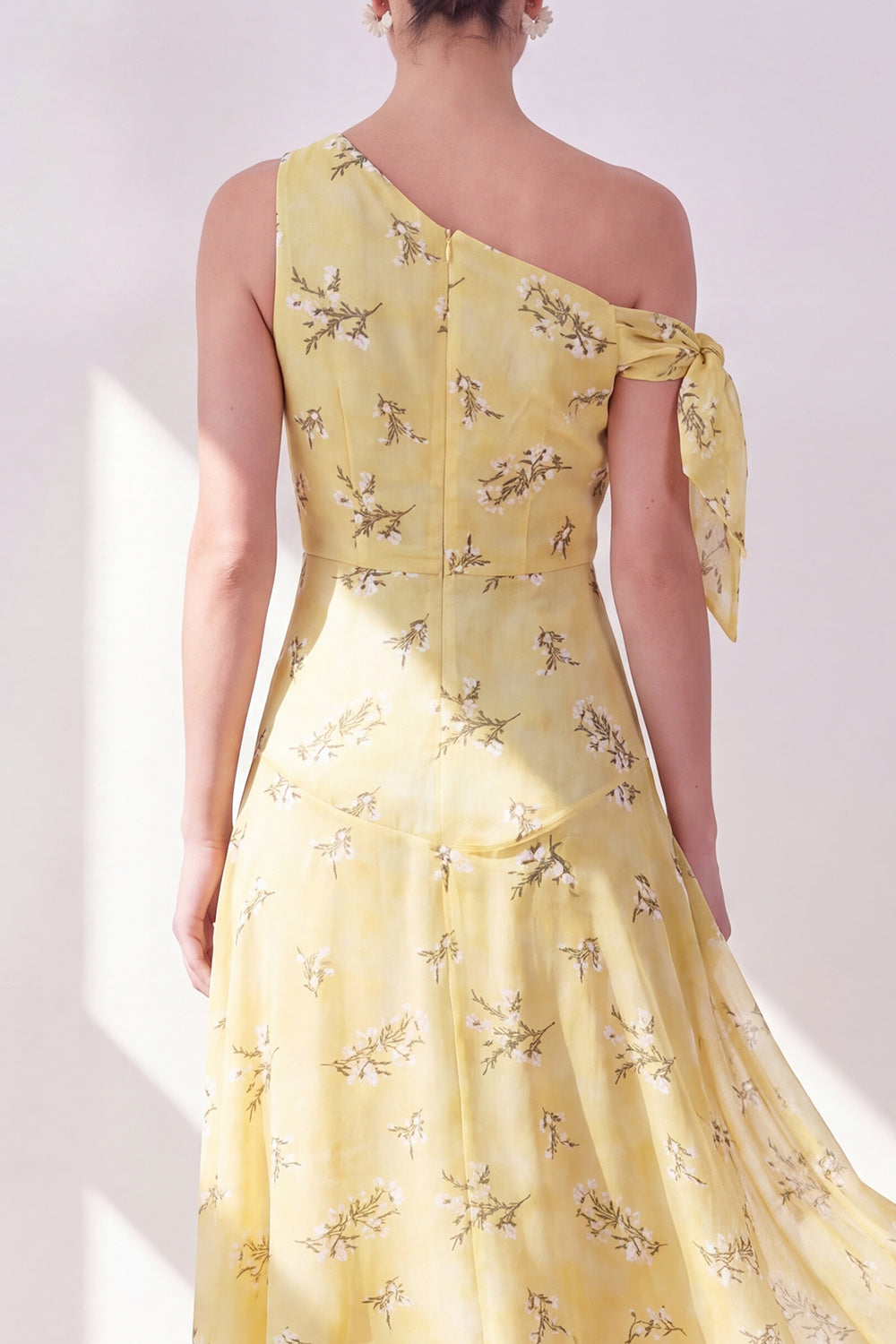Floral One Shoulder Butter Yellow A Line Asymmetrical Wedding Guest Dress
