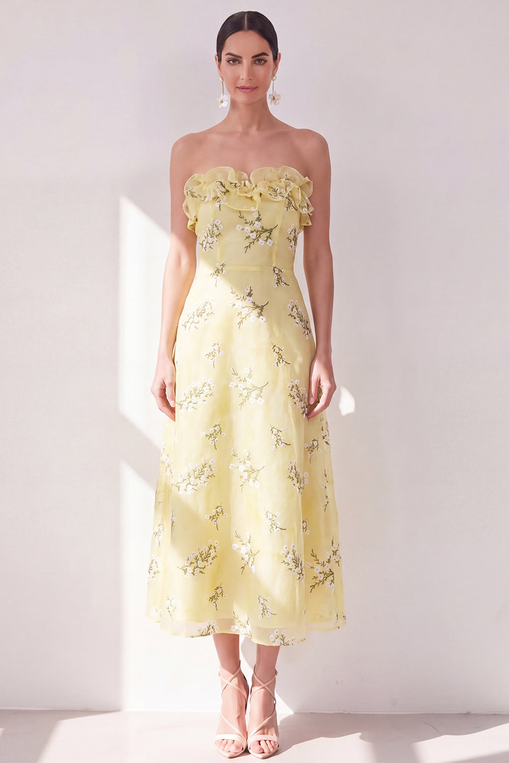Floral Butter Yellow Ruffled Strapless A Line Maxi Beach Wedding Guest Dress