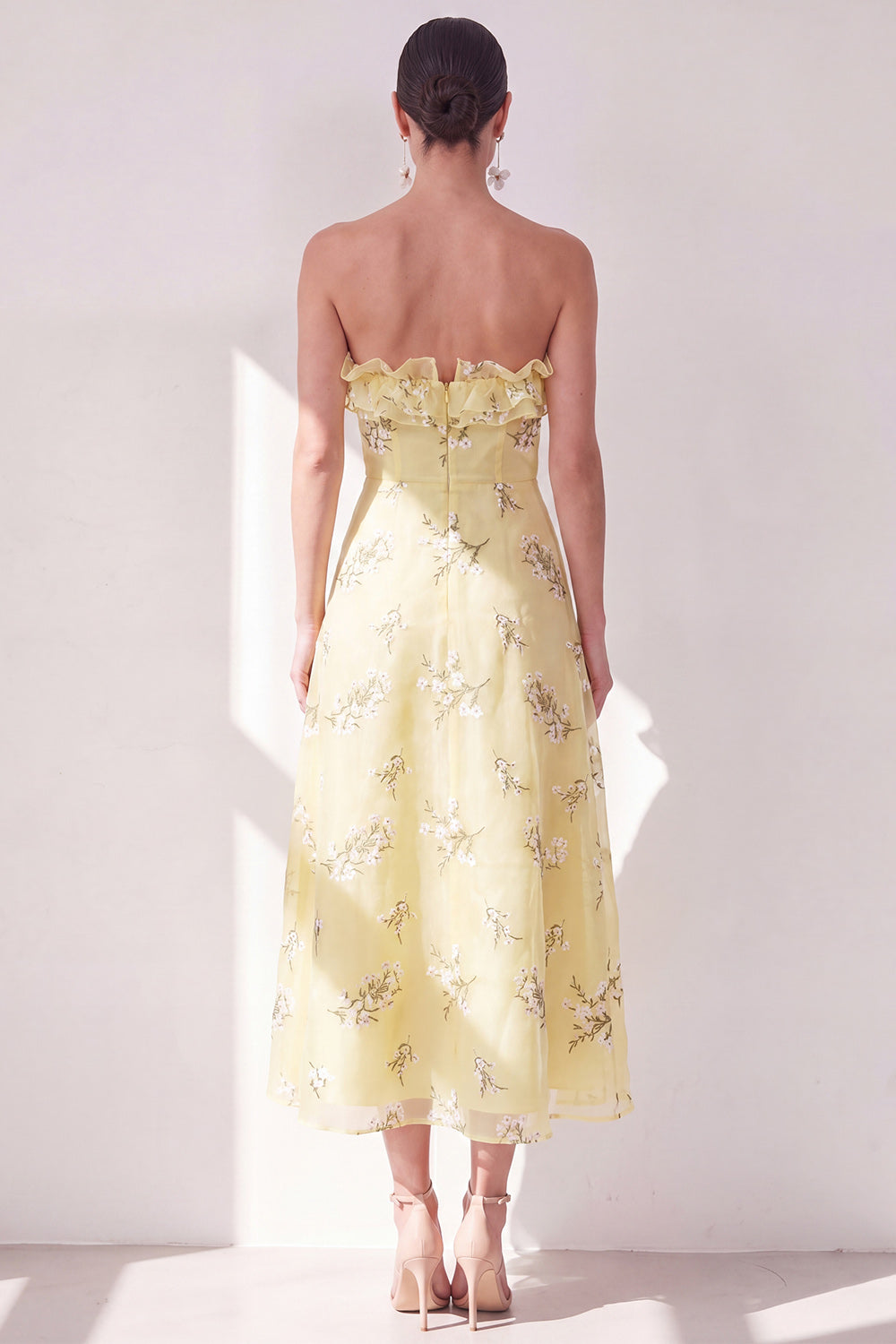 Floral Butter Yellow Ruffled Strapless A Line Maxi Beach Wedding Guest Dress