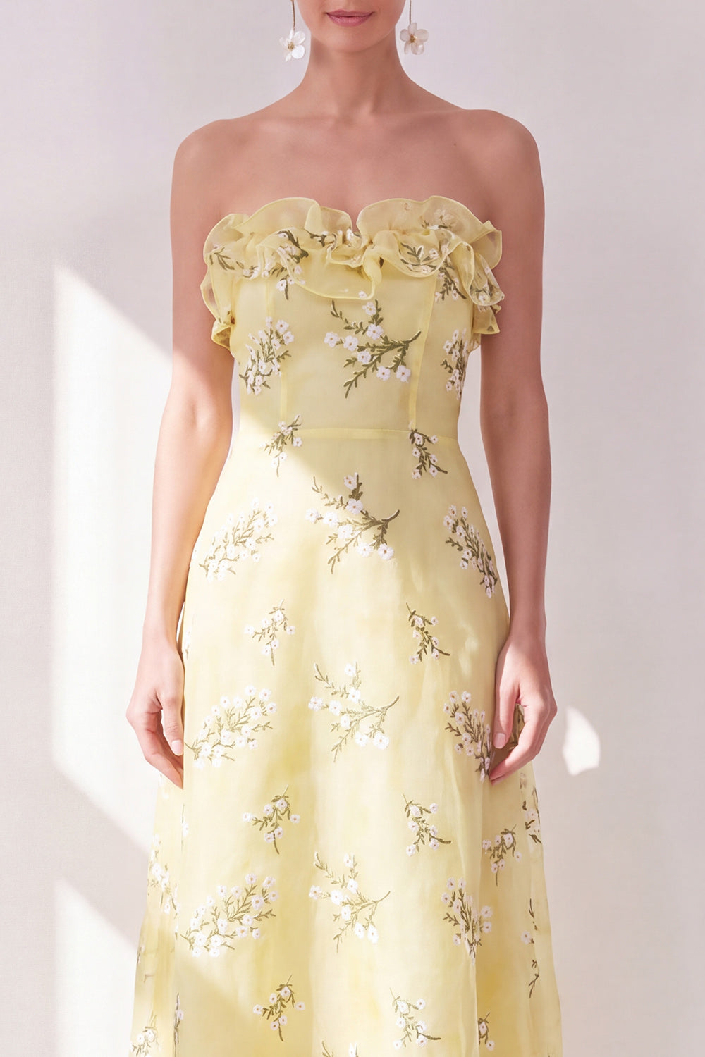 Floral Butter Yellow Ruffled Strapless A Line Maxi Beach Wedding Guest Dress