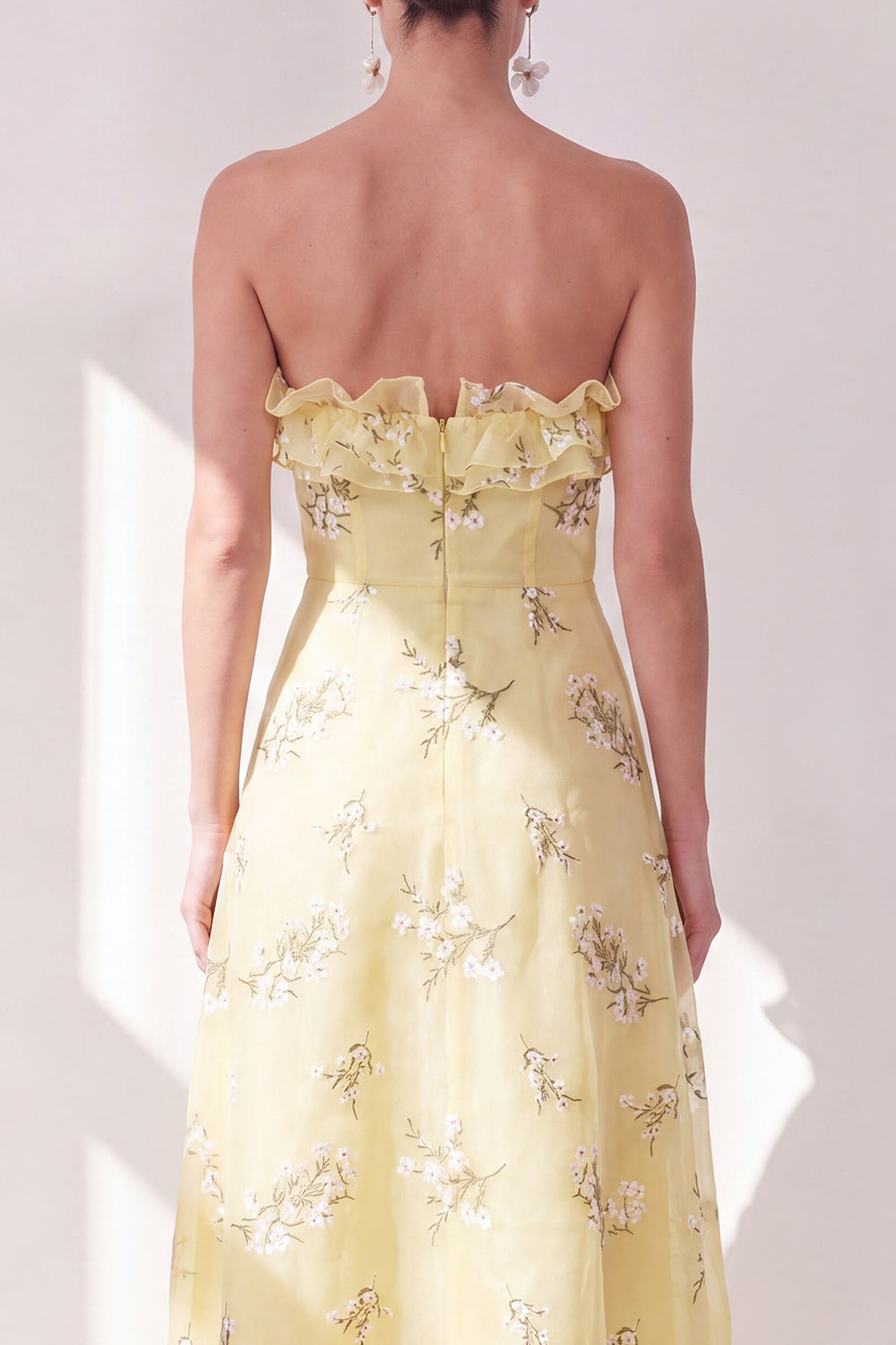 Floral Butter Yellow Ruffled Strapless A Line Maxi Beach Wedding Guest Dress