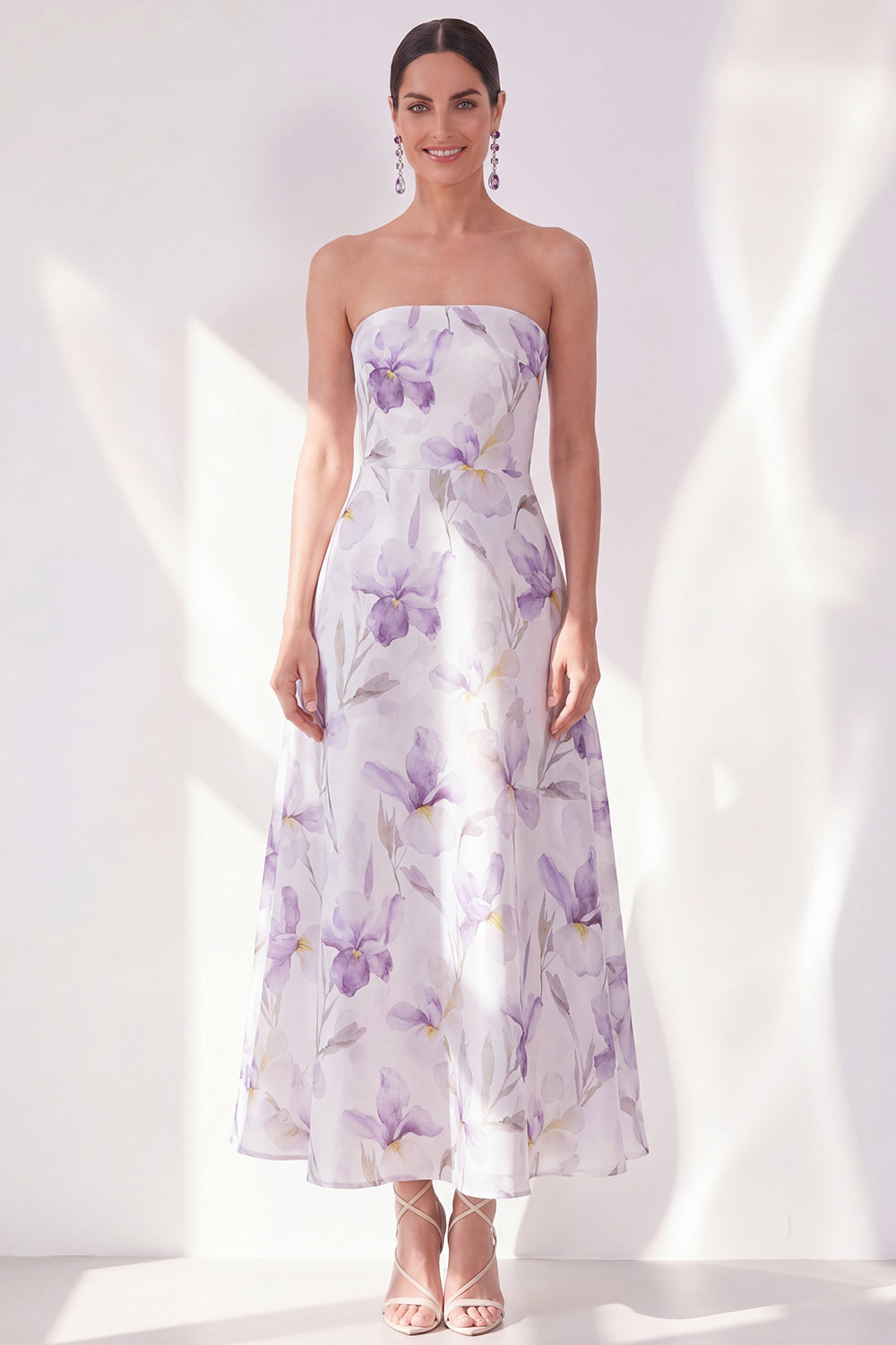 A Line Lilac Flower Strapless Long Beach Wedding Guest Dress