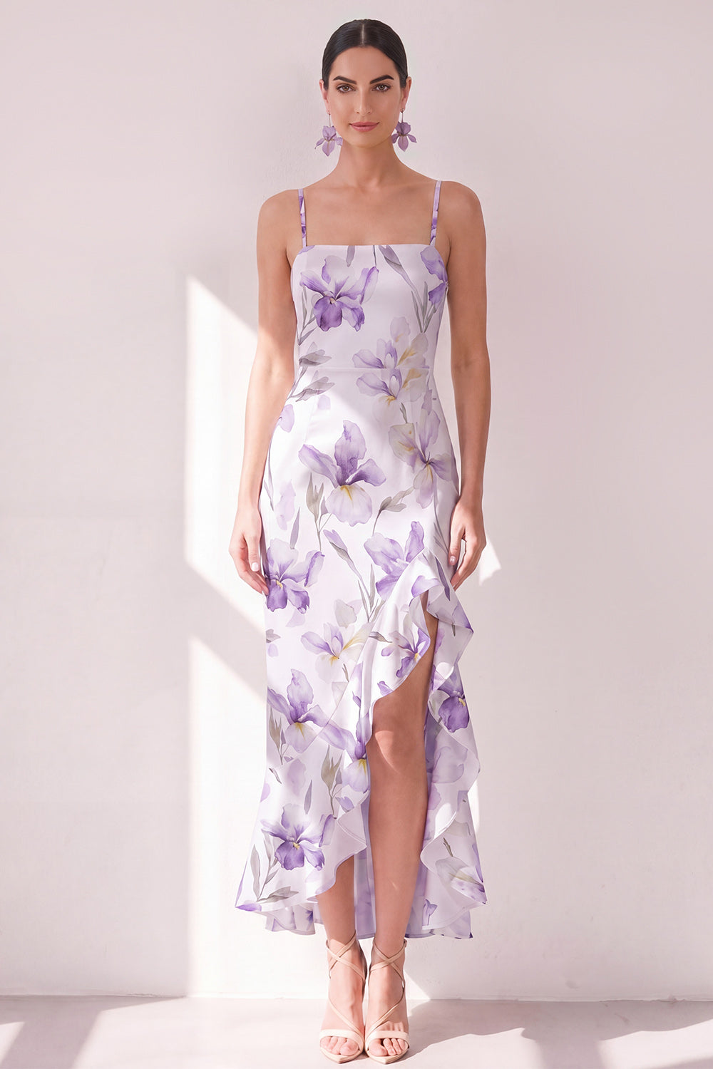 Lilac Flower Ruffled Mermaid Spaghetti Straps Long Wedding Guest Dress with Slit