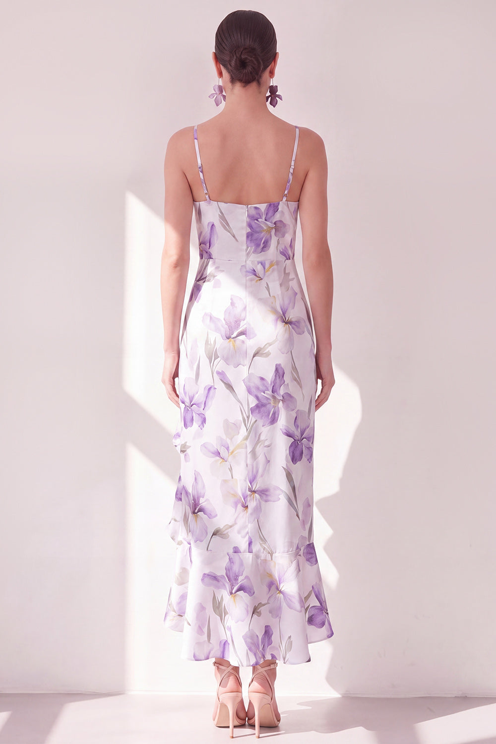 Lilac Flower Ruffled Mermaid Spaghetti Straps Long Wedding Guest Dress with Slit