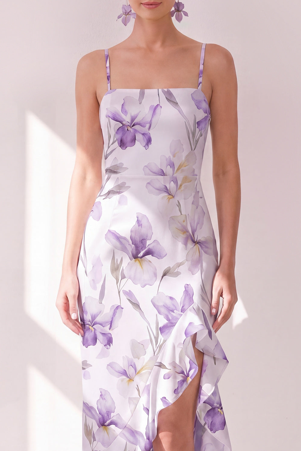 Lilac Flower Ruffled Mermaid Spaghetti Straps Long Wedding Guest Dress with Slit