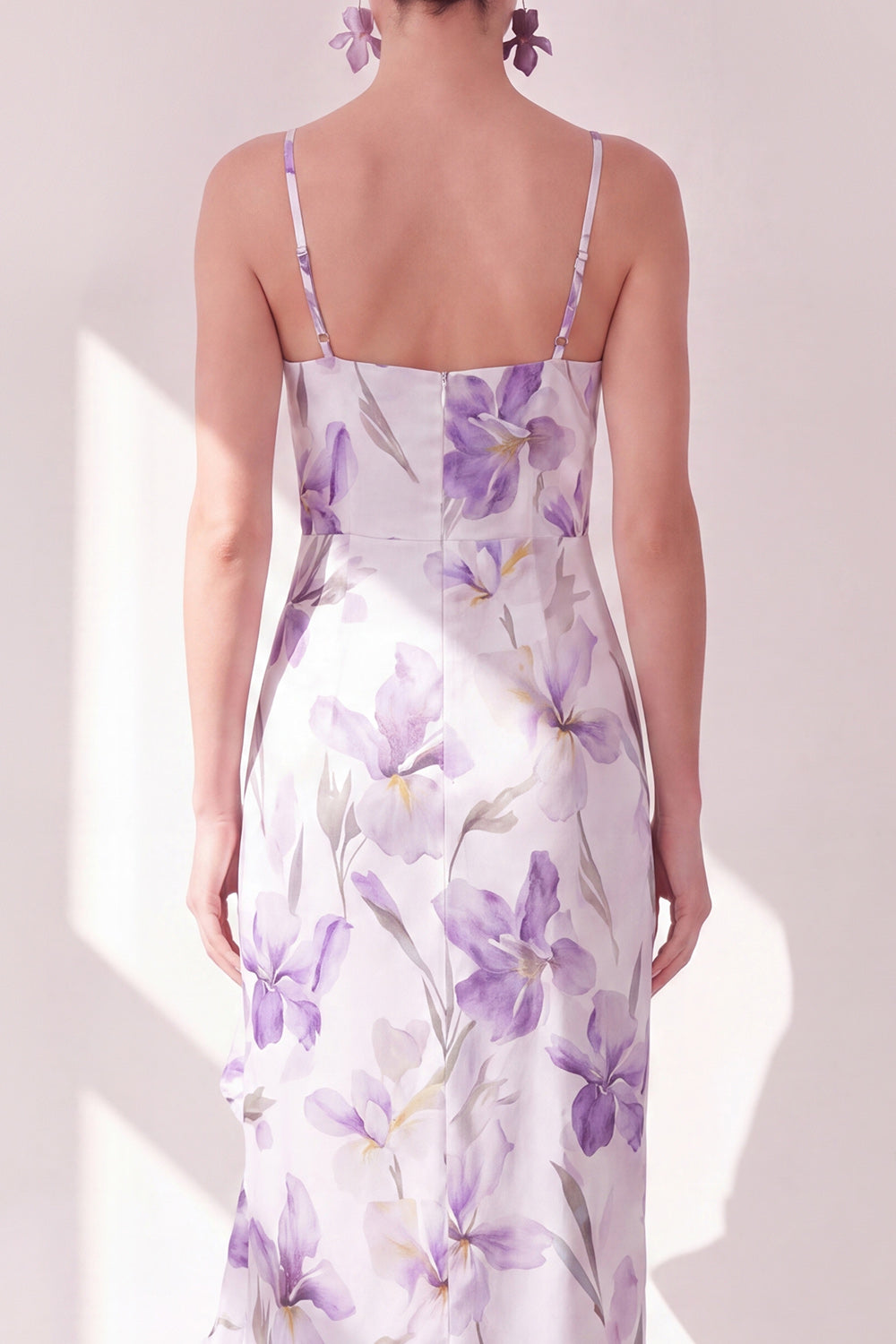 Lilac Flower Ruffled Mermaid Spaghetti Straps Long Wedding Guest Dress with Slit