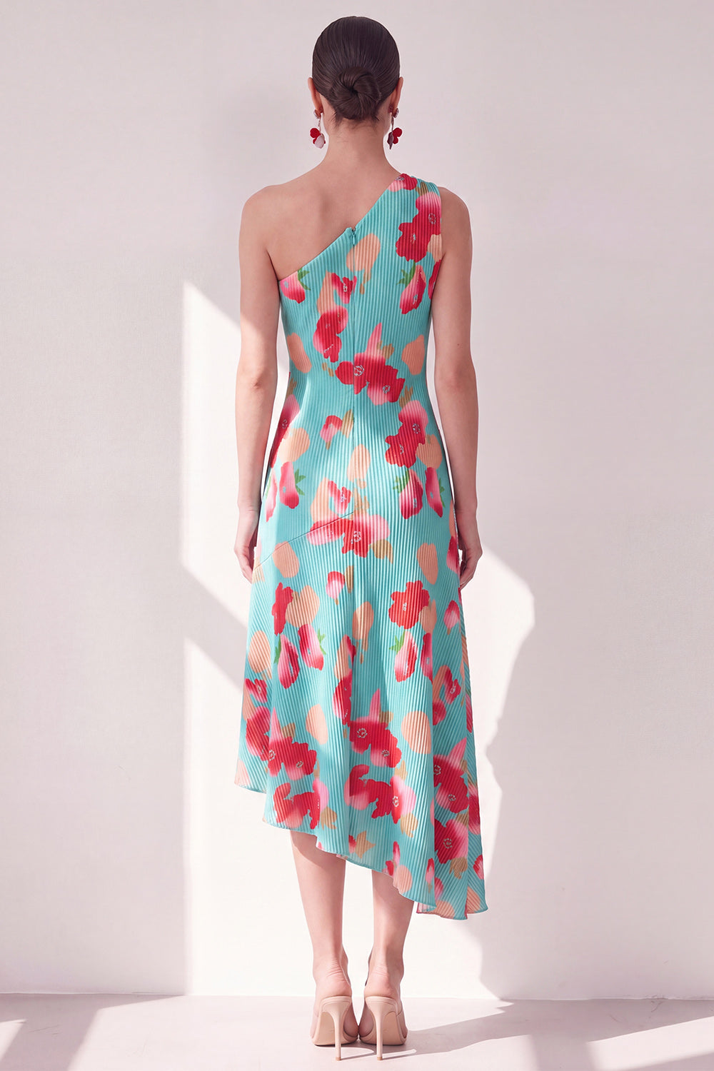 Blue Red One Shoulder Floral A Line Asymmetrical Beach Wedding Guest Dress