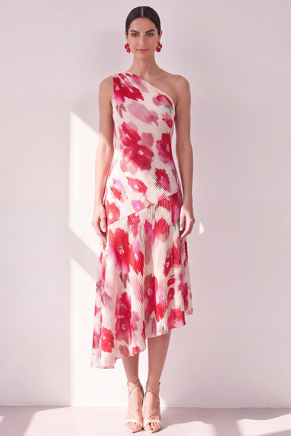 Blue Red One Shoulder Floral A Line Asymmetrical Beach Wedding Guest Dress