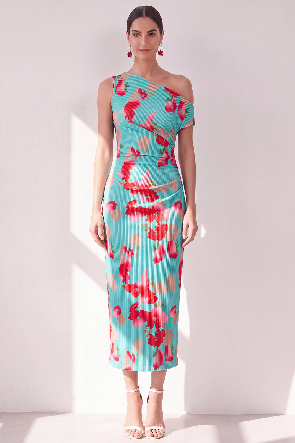 Sheath Pink Red Flower Asymmetrical Shoulder Maxi Beach Wedding Guest Dress