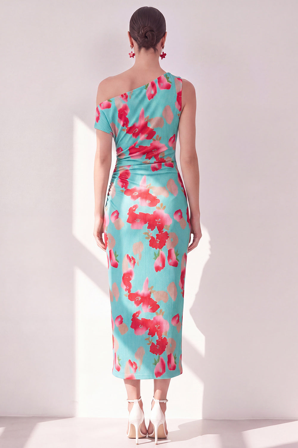 Sheath Pink Red Flower Asymmetrical Shoulder Maxi Beach Wedding Guest Dress