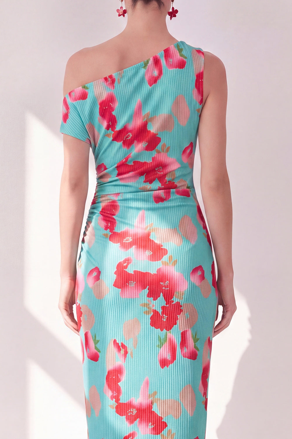 Sheath Pink Red Flower Asymmetrical Shoulder Maxi Beach Wedding Guest Dress