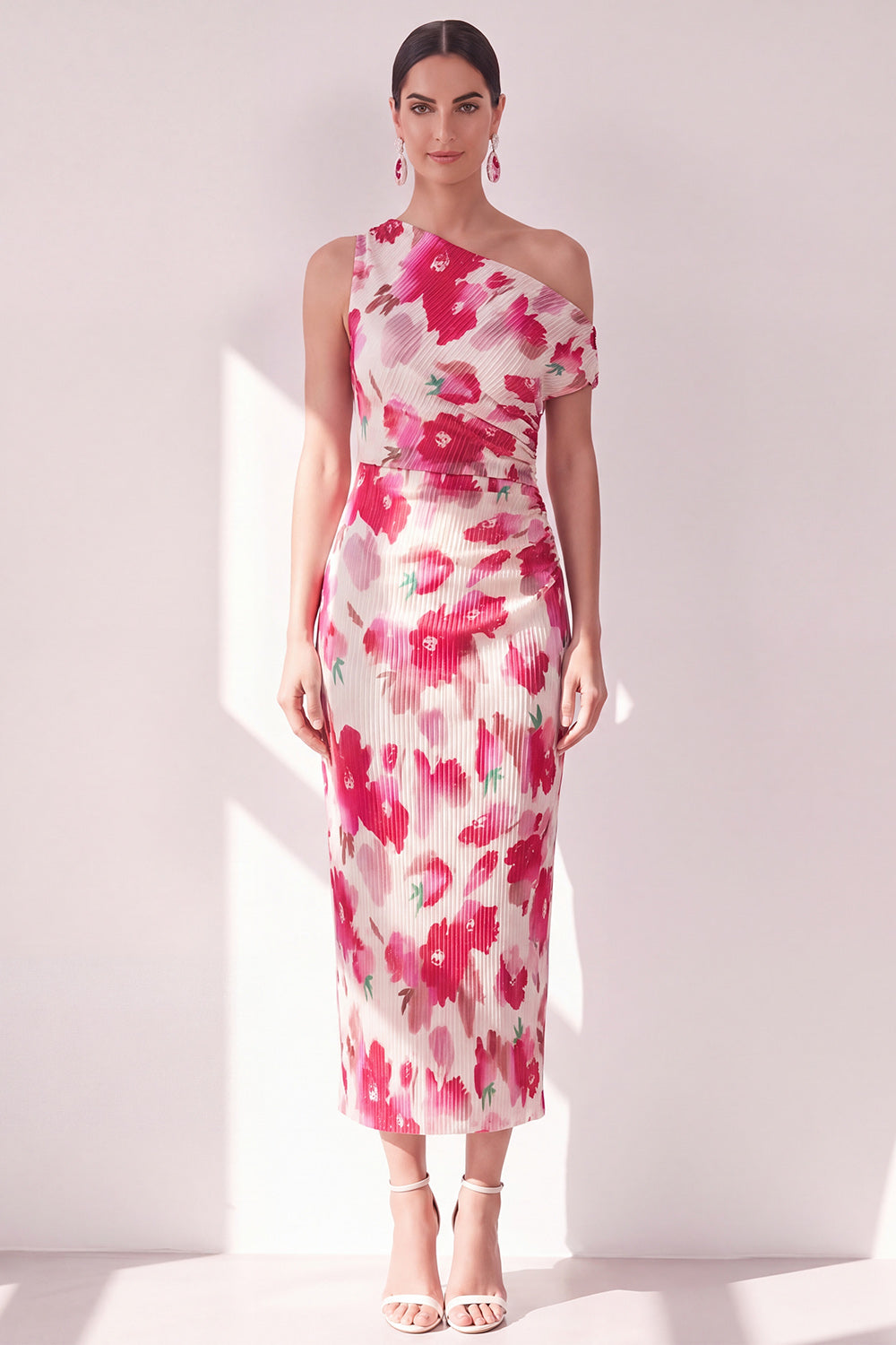 Sheath Pink Red Flower Asymmetrical Shoulder Maxi Beach Wedding Guest Dress