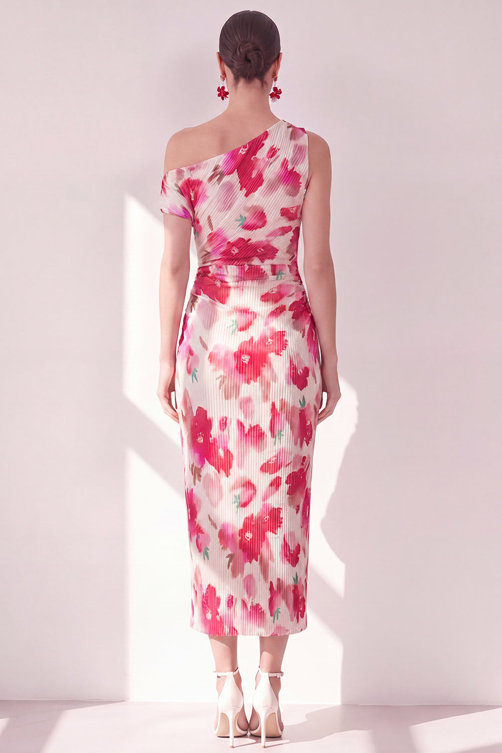 Sheath Pink Red Flower Asymmetrical Shoulder Maxi Beach Wedding Guest Dress