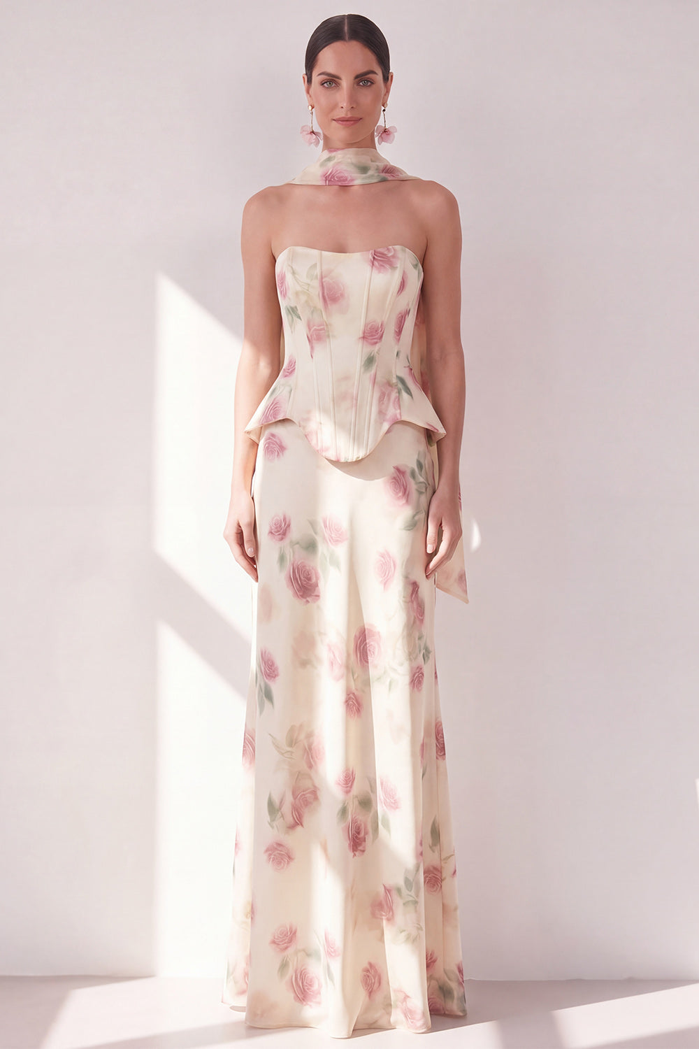 Corset Apricot Floral Strapless Mermaid Basque Waist Long Wedding Guest Dress