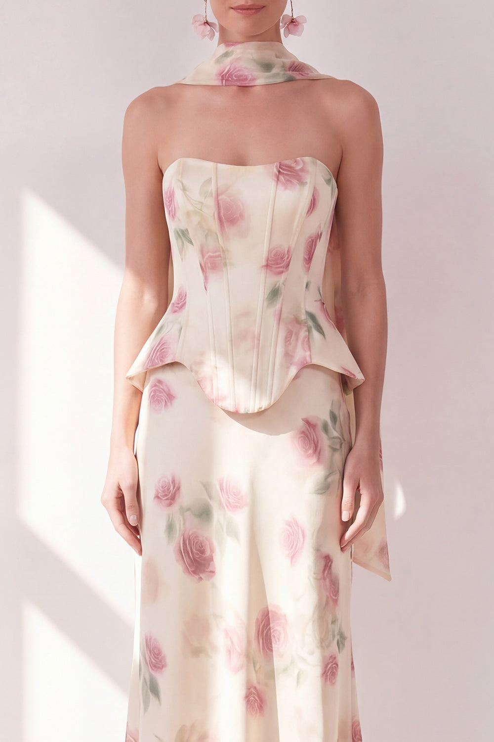 Corset Apricot Floral Strapless Mermaid Basque Waist Long Wedding Guest Dress