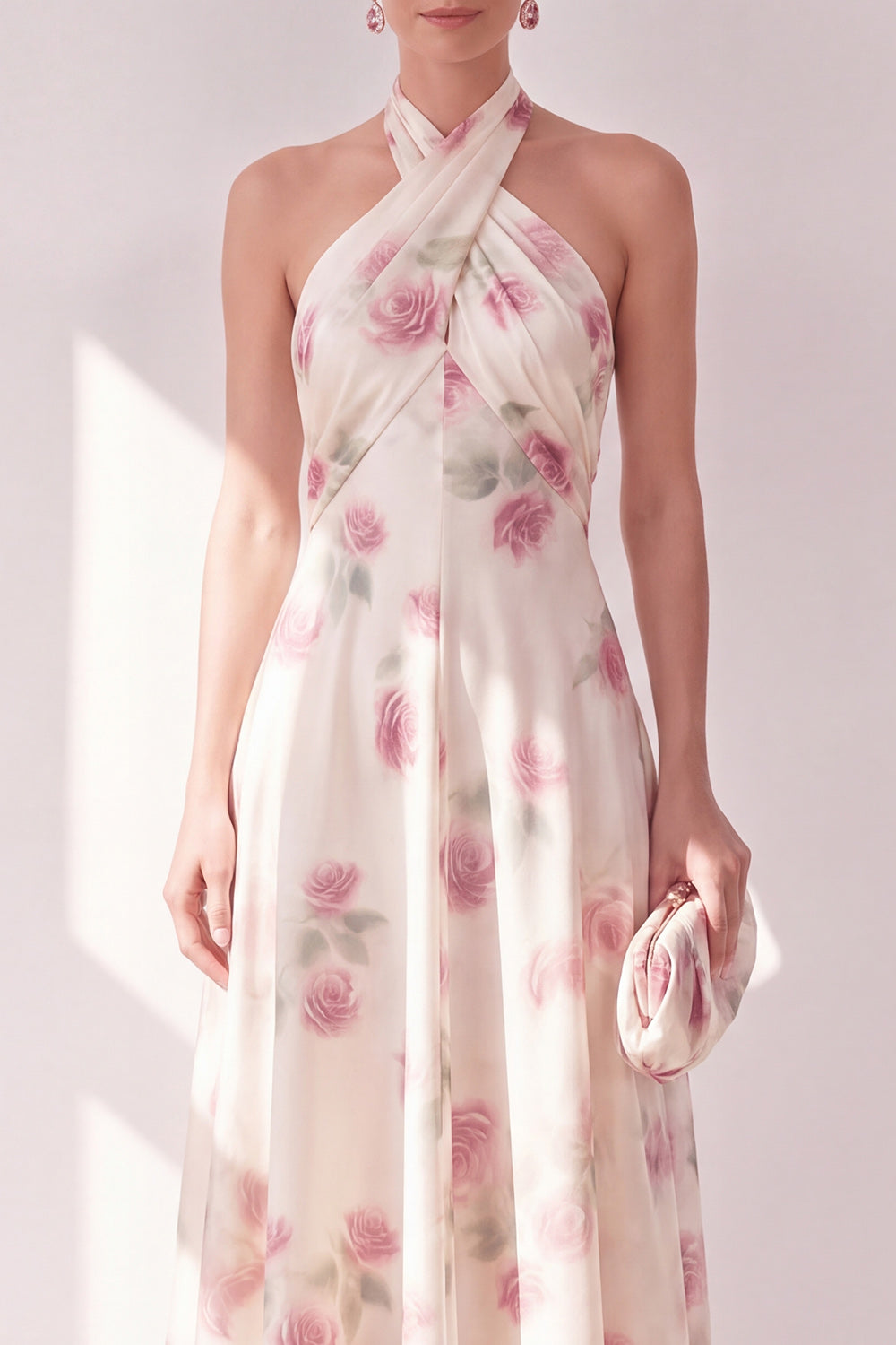 Apricot Halter A Line Floral Long Beach Wedding Guest Dress