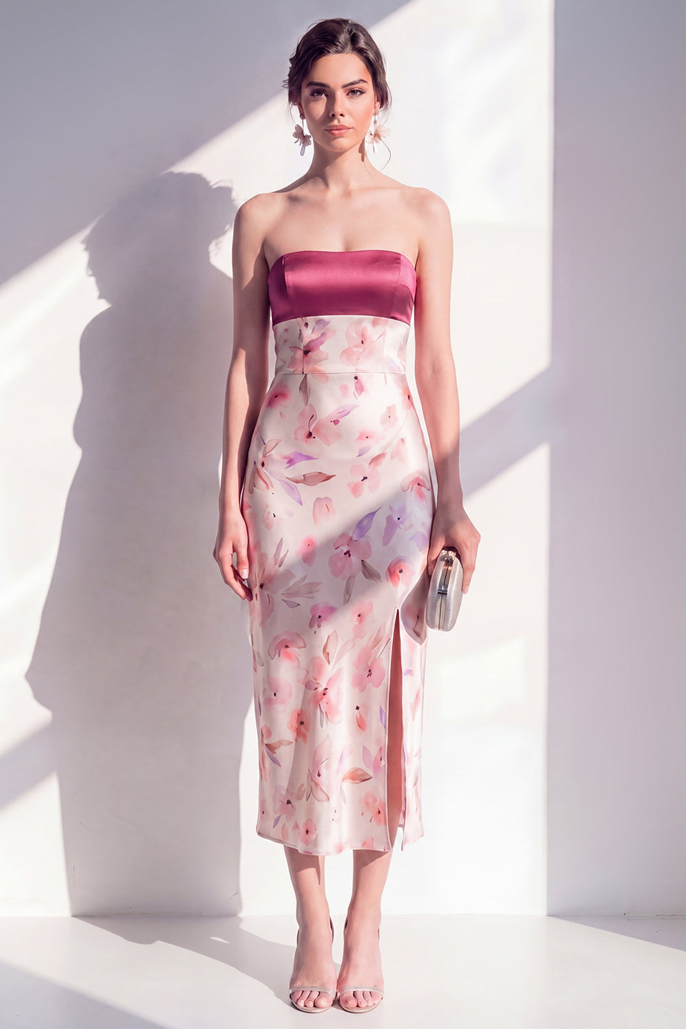 Strapless Sheath Pink Floral Maxi Wedding Guest Dress with Slit
