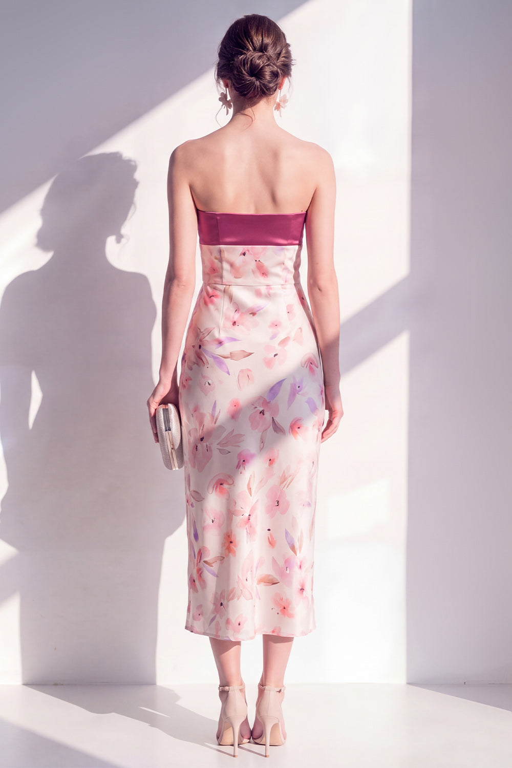 Strapless Sheath Pink Floral Maxi Wedding Guest Dress with Slit