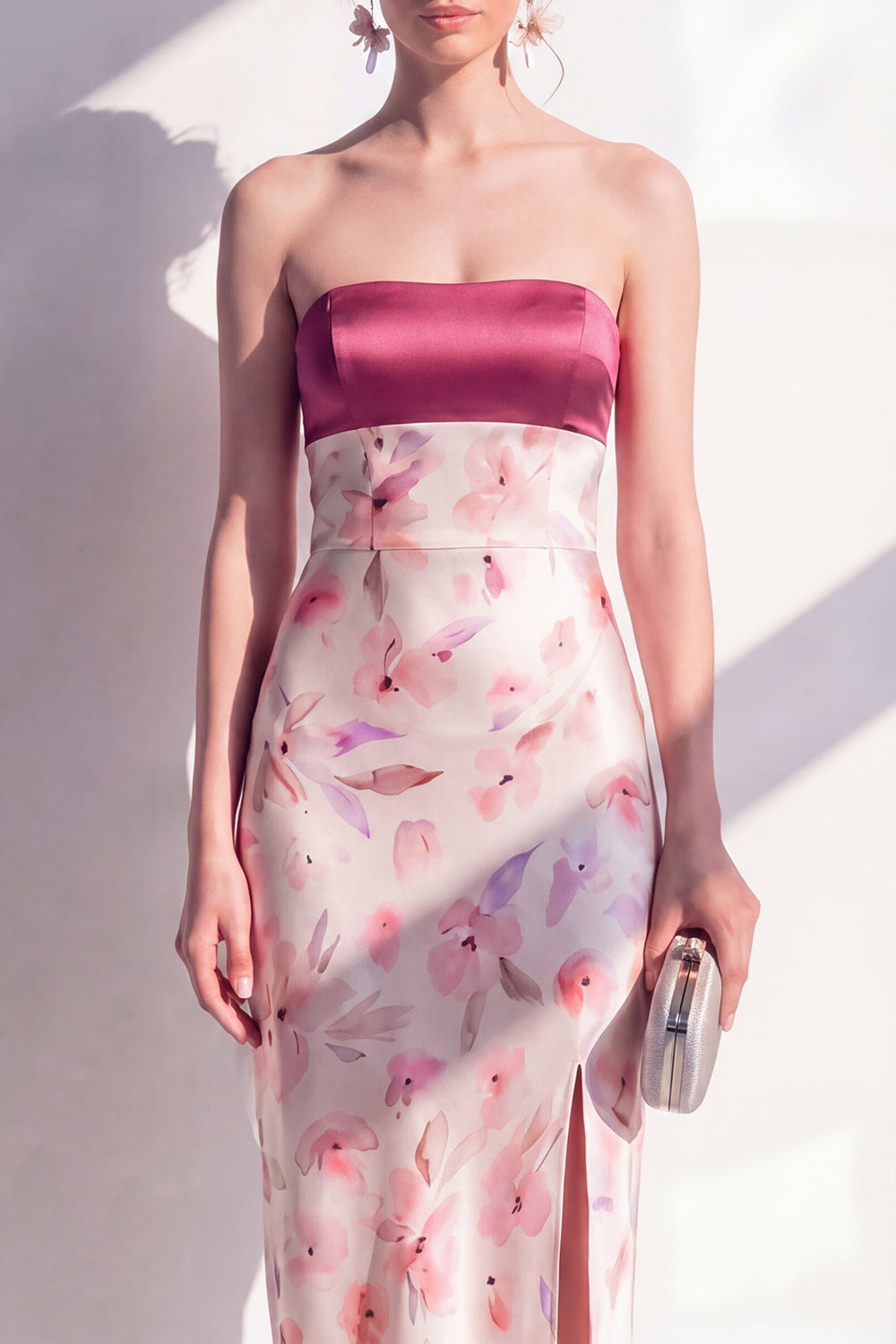 Strapless Sheath Pink Floral Maxi Wedding Guest Dress with Slit