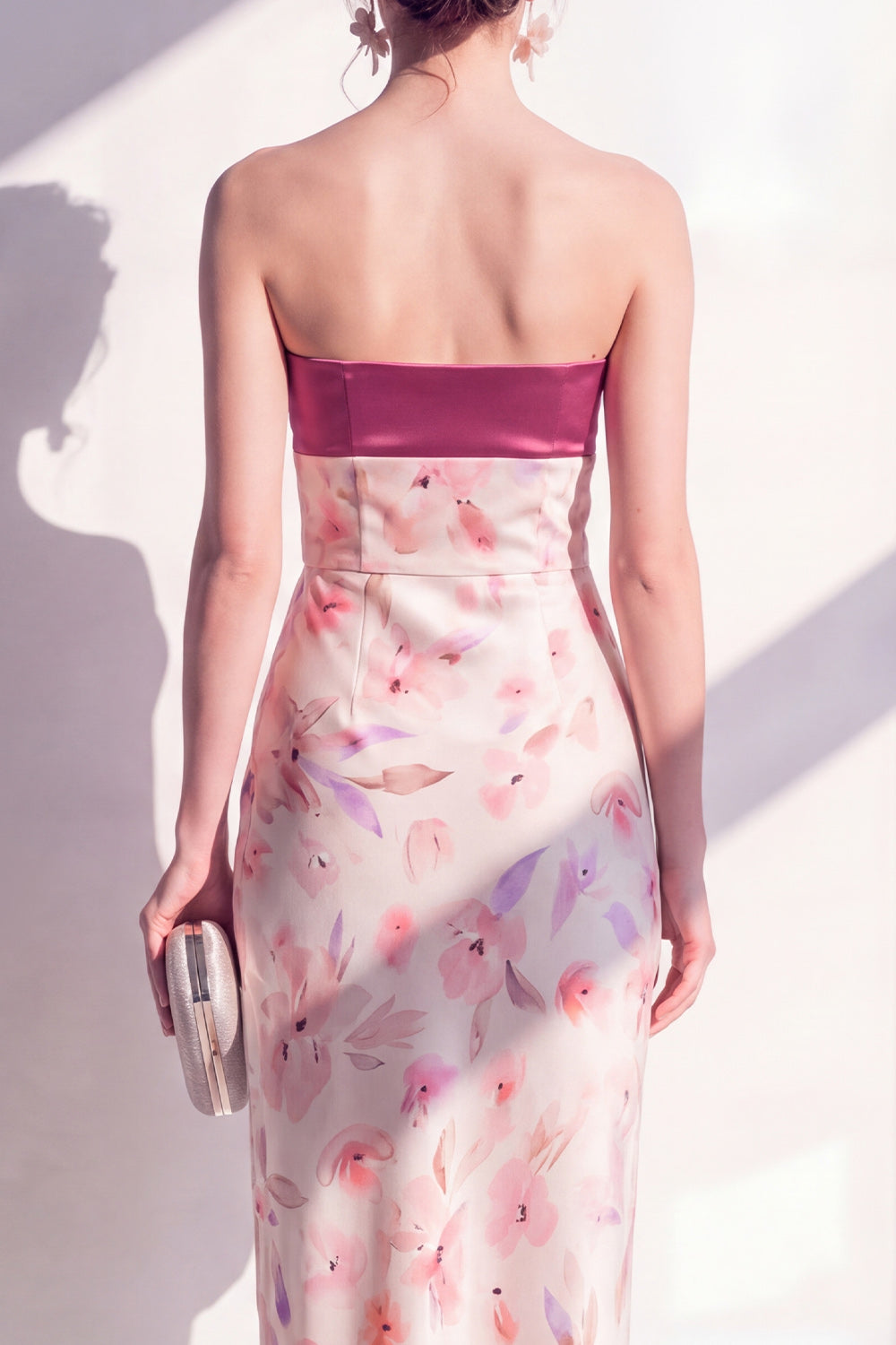 Strapless Sheath Pink Floral Maxi Wedding Guest Dress with Slit