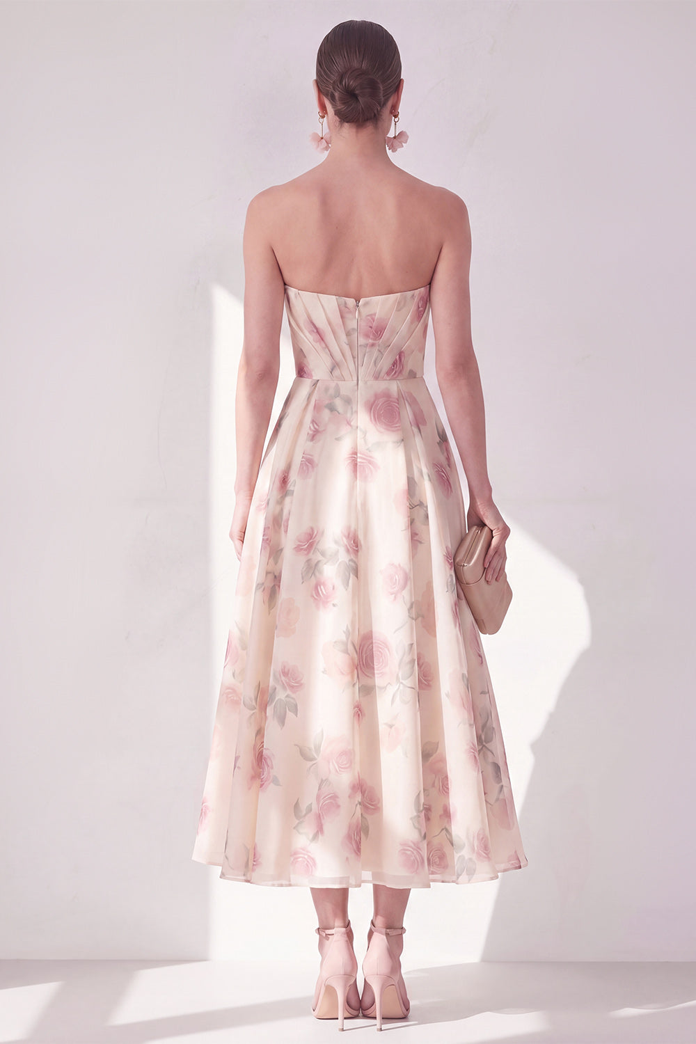 Floral Apricot Ruched A Line Strapless Maxi Beach Wedding Guest Dress