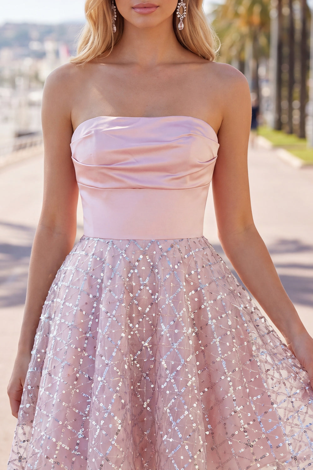 Sparkly Blush Ruched Strapless A Line Beaded Short Homecoming Dress with Sequins