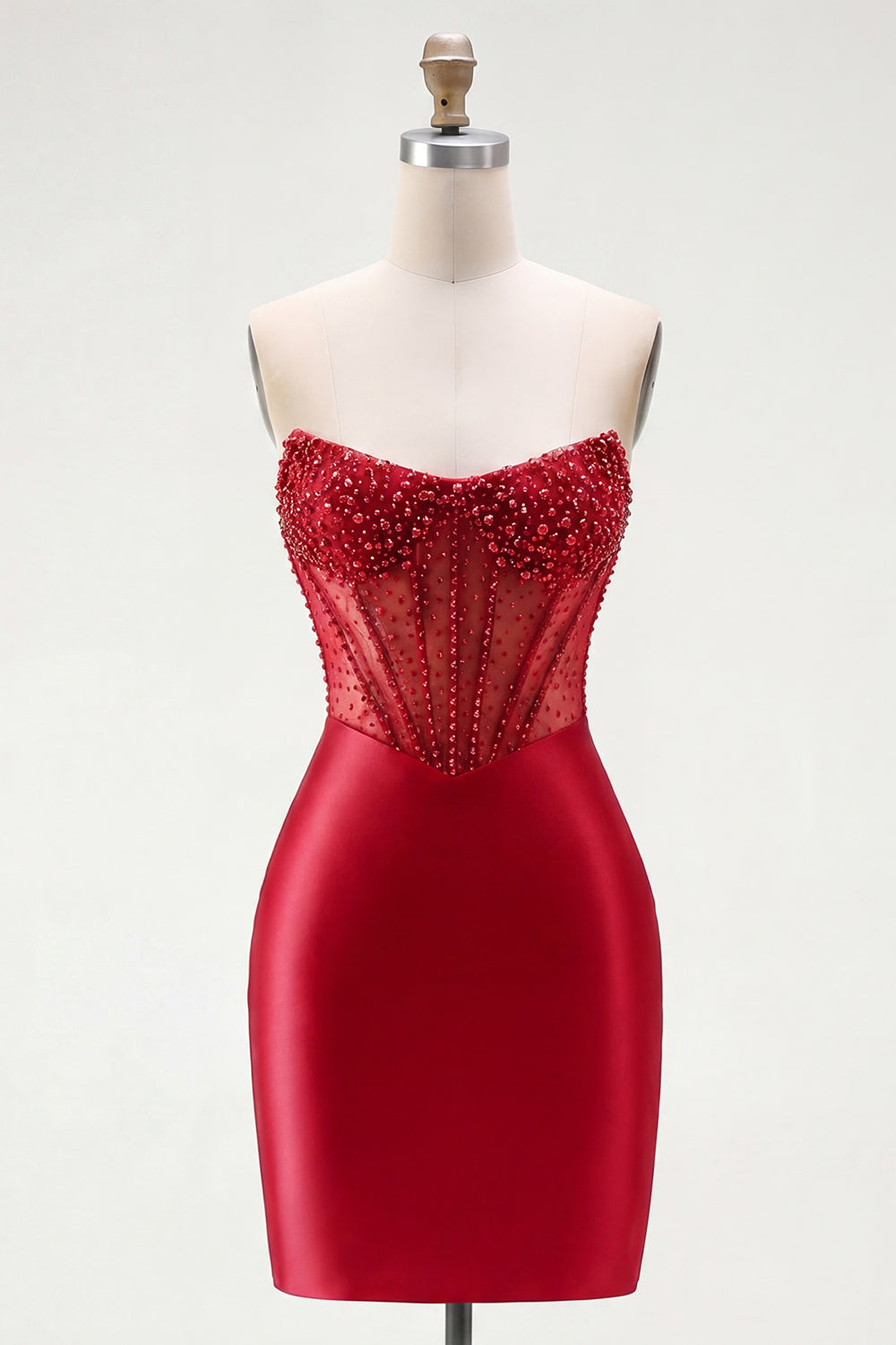 Red Corset Strapless Tight Mini Homecoming Dress with Rhinestones