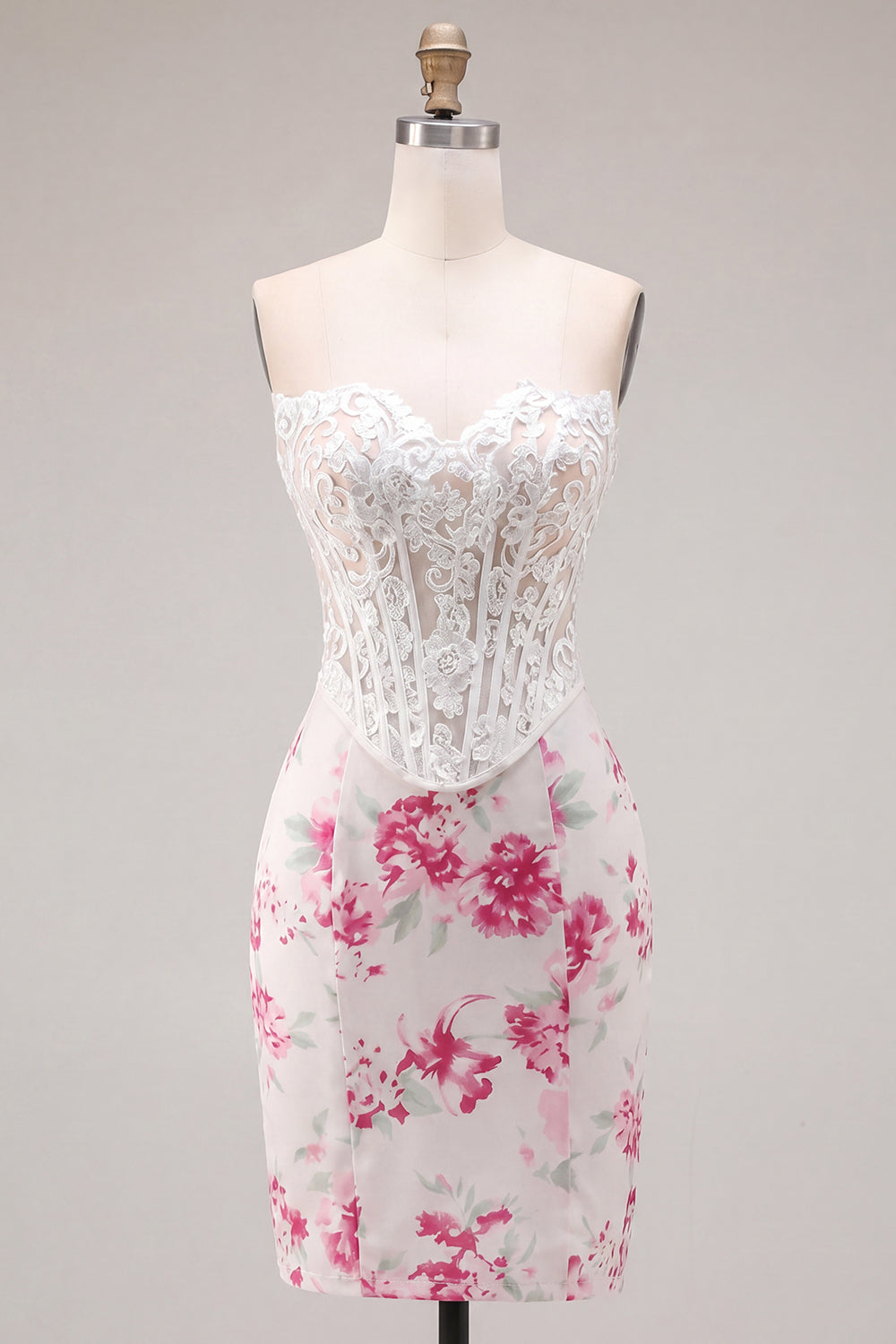 White Fuchsia Sweetheart Tight Corset Floral Short Homecoming Dress with Lace