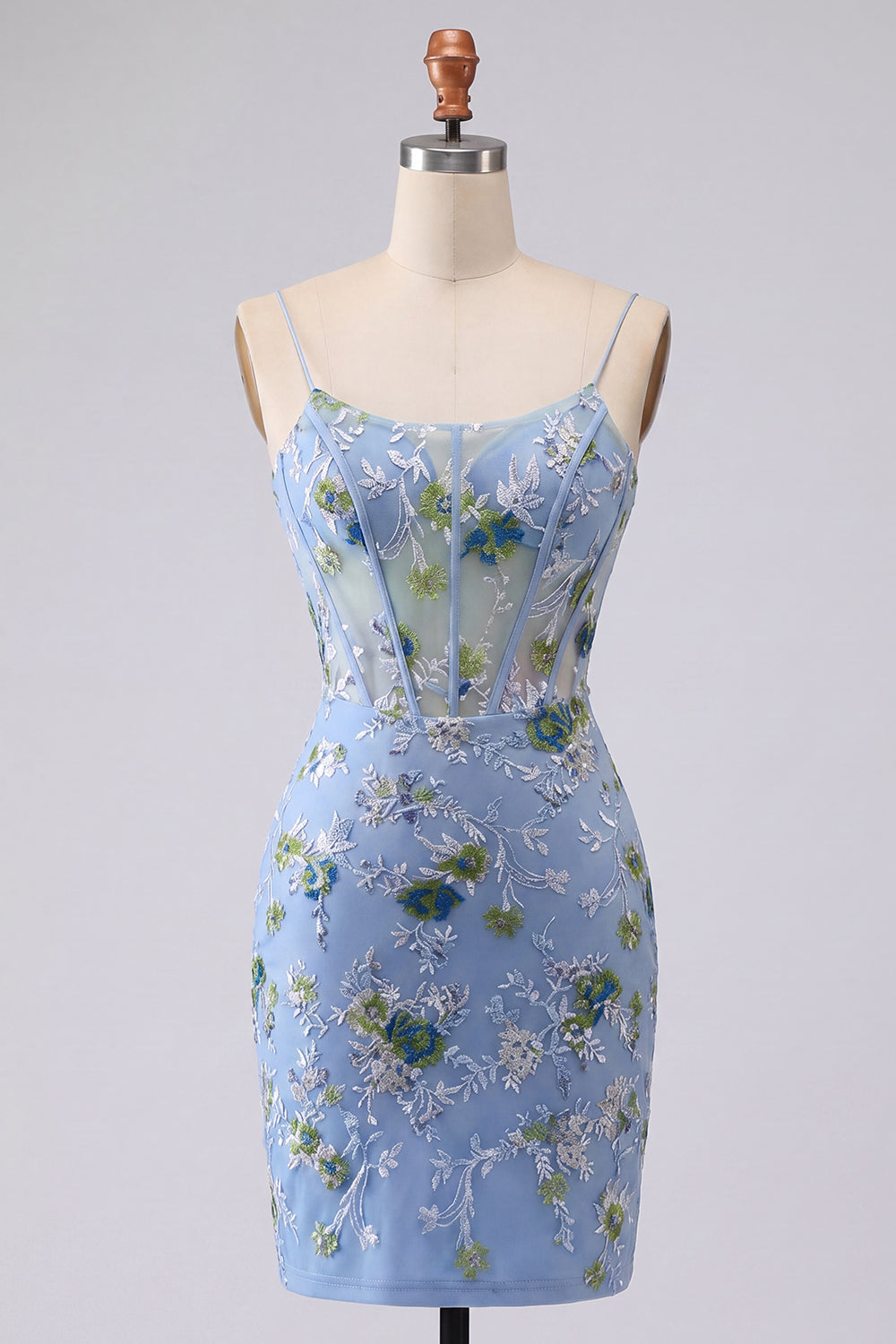 Blue Floral Spaghetti Straps Appliques Tight Corset Mini Homecoming Dress