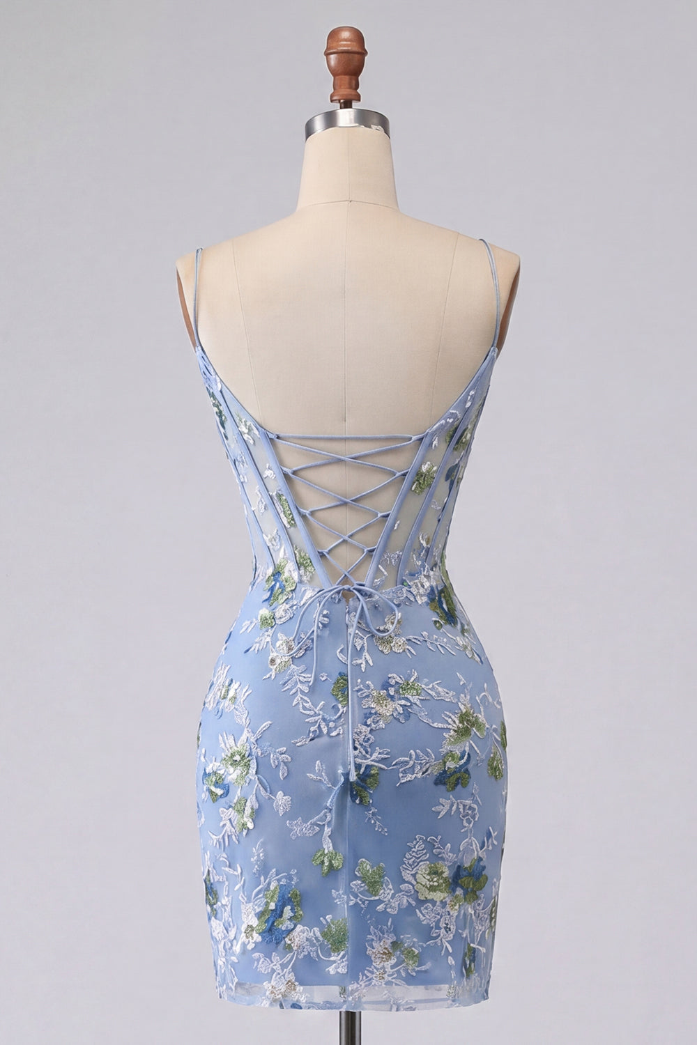 Blue Floral Spaghetti Straps Appliques Tight Corset Mini Homecoming Dress