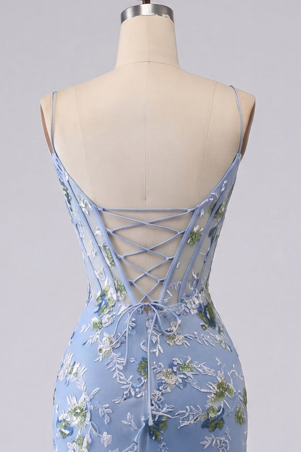Blue Floral Spaghetti Straps Appliques Tight Corset Mini Homecoming Dress