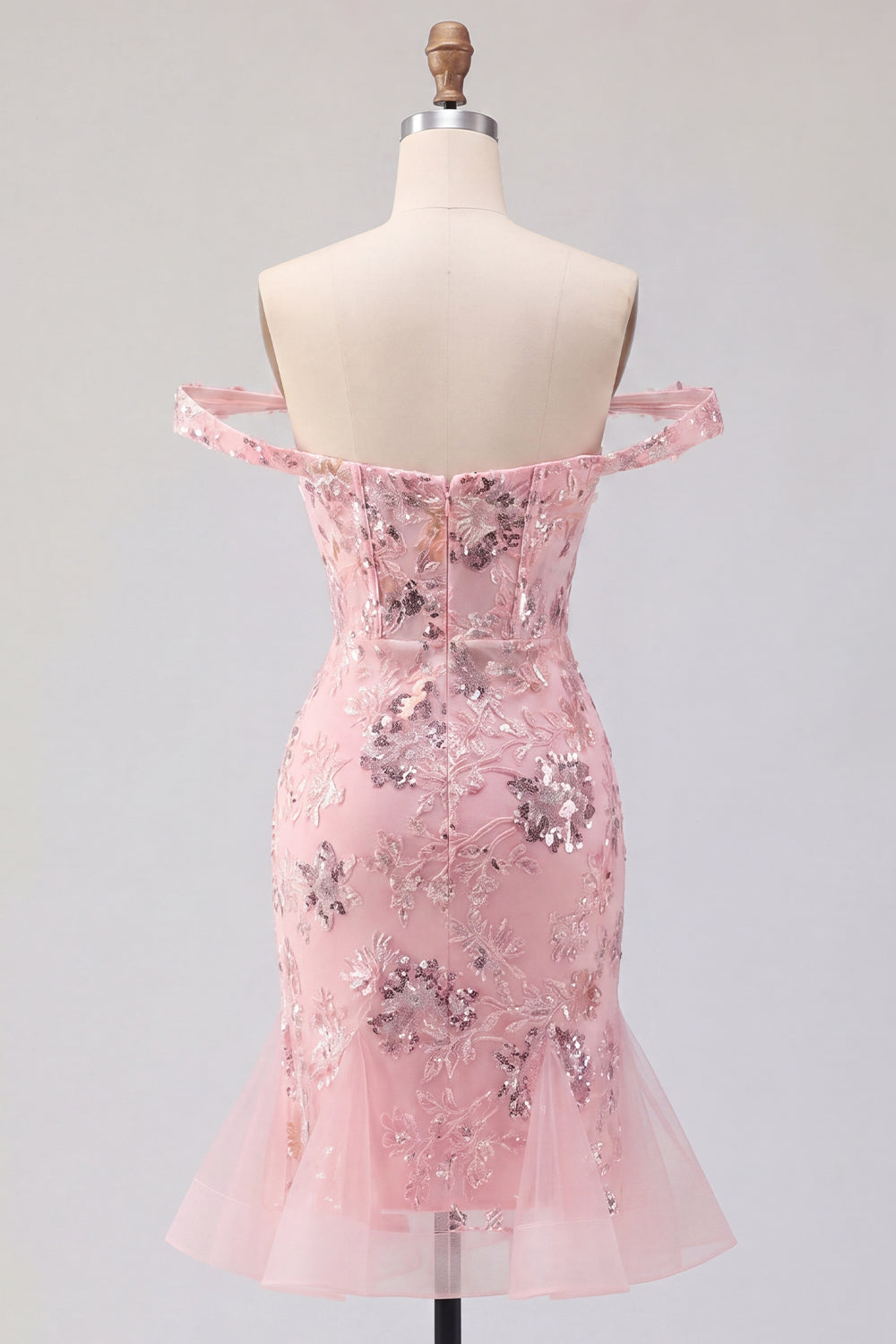 Sparkly Blush Corset Floral Tight Short Homecoming Dress with Ruffled Hem