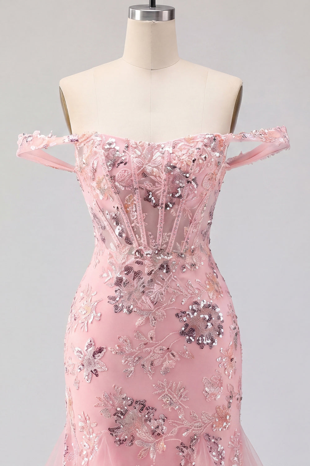 Sparkly Blush Corset Floral Tight Short Homecoming Dress with Ruffled Hem