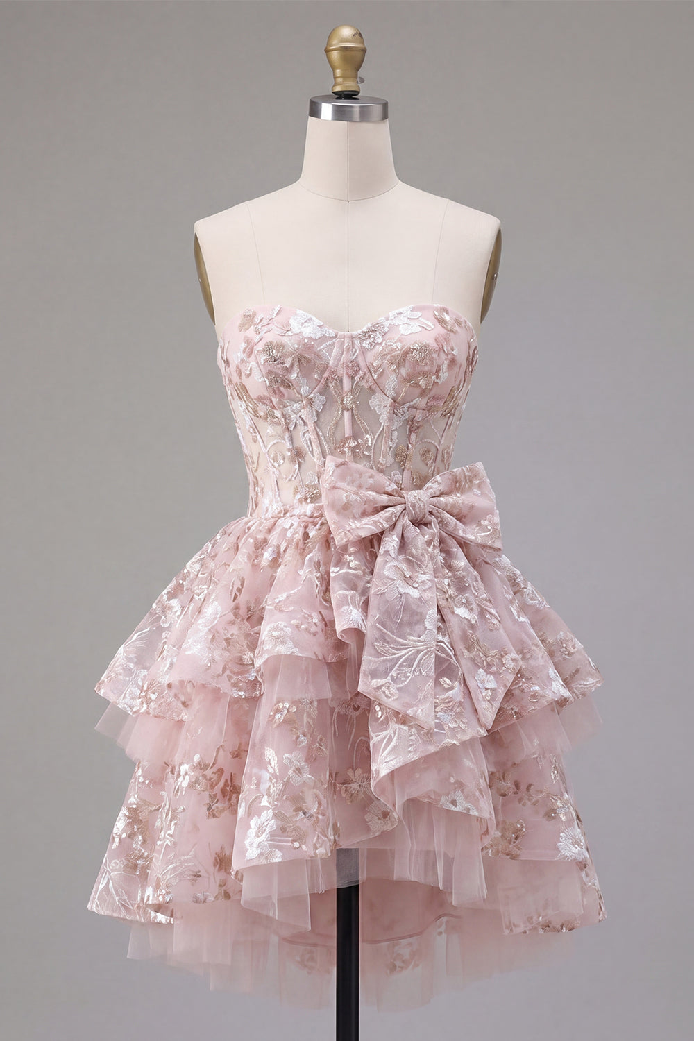 A Line Floral Sweetheart Pink Ruffled Corset Short Homecoming Dress with Bow