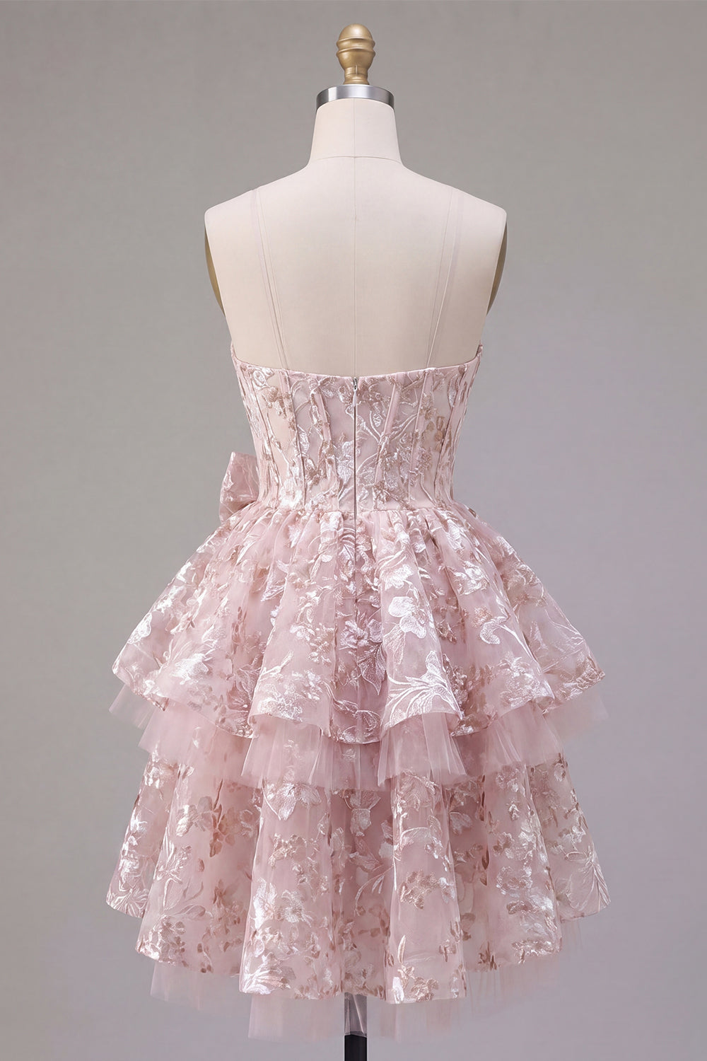 A Line Floral Sweetheart Pink Ruffled Corset Short Homecoming Dress with Bow