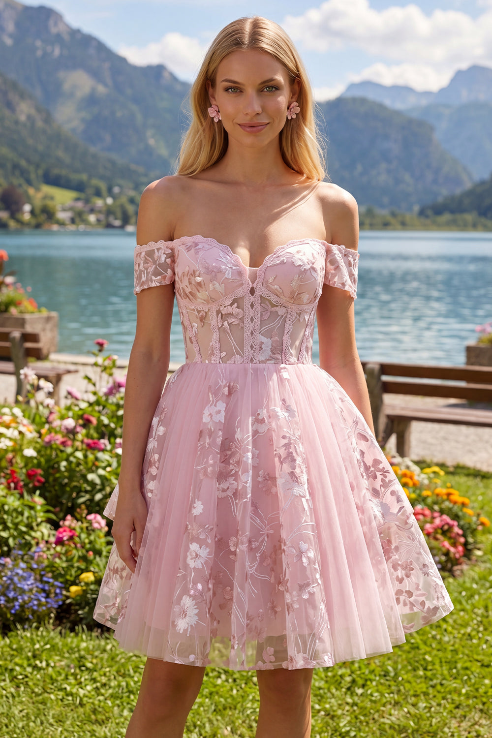 A Line Off The Shoulder Pink Floral Corset Short Homecoming Dress