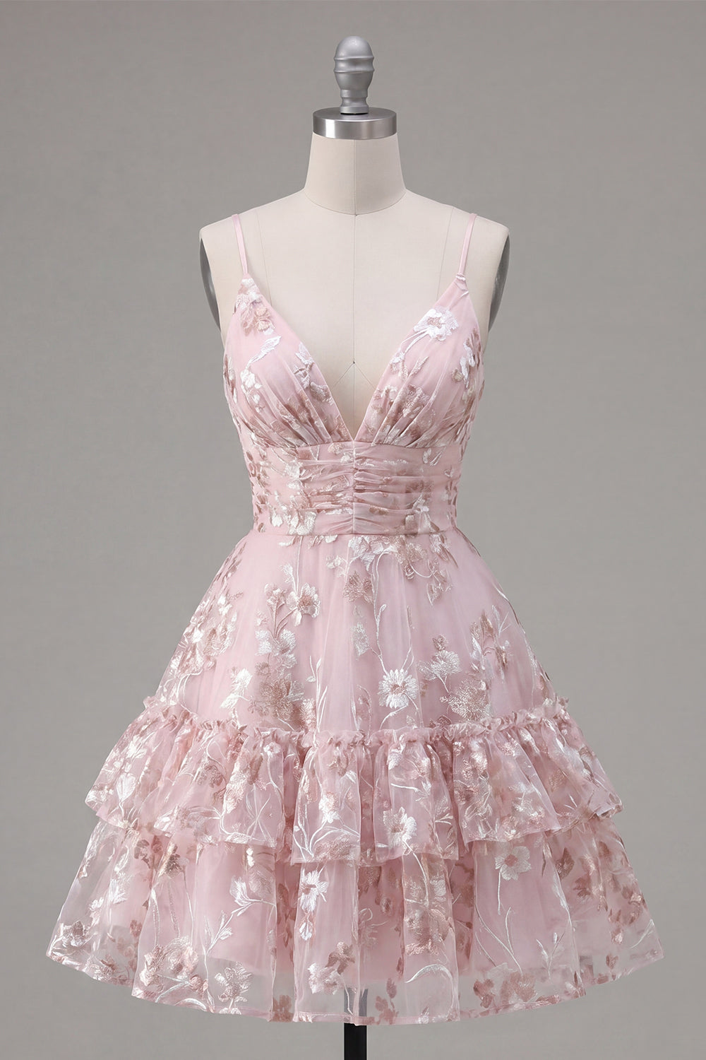 A Line Floral Pink Ruched Spaghetti Straps Ruffled Short Homecoming Dress