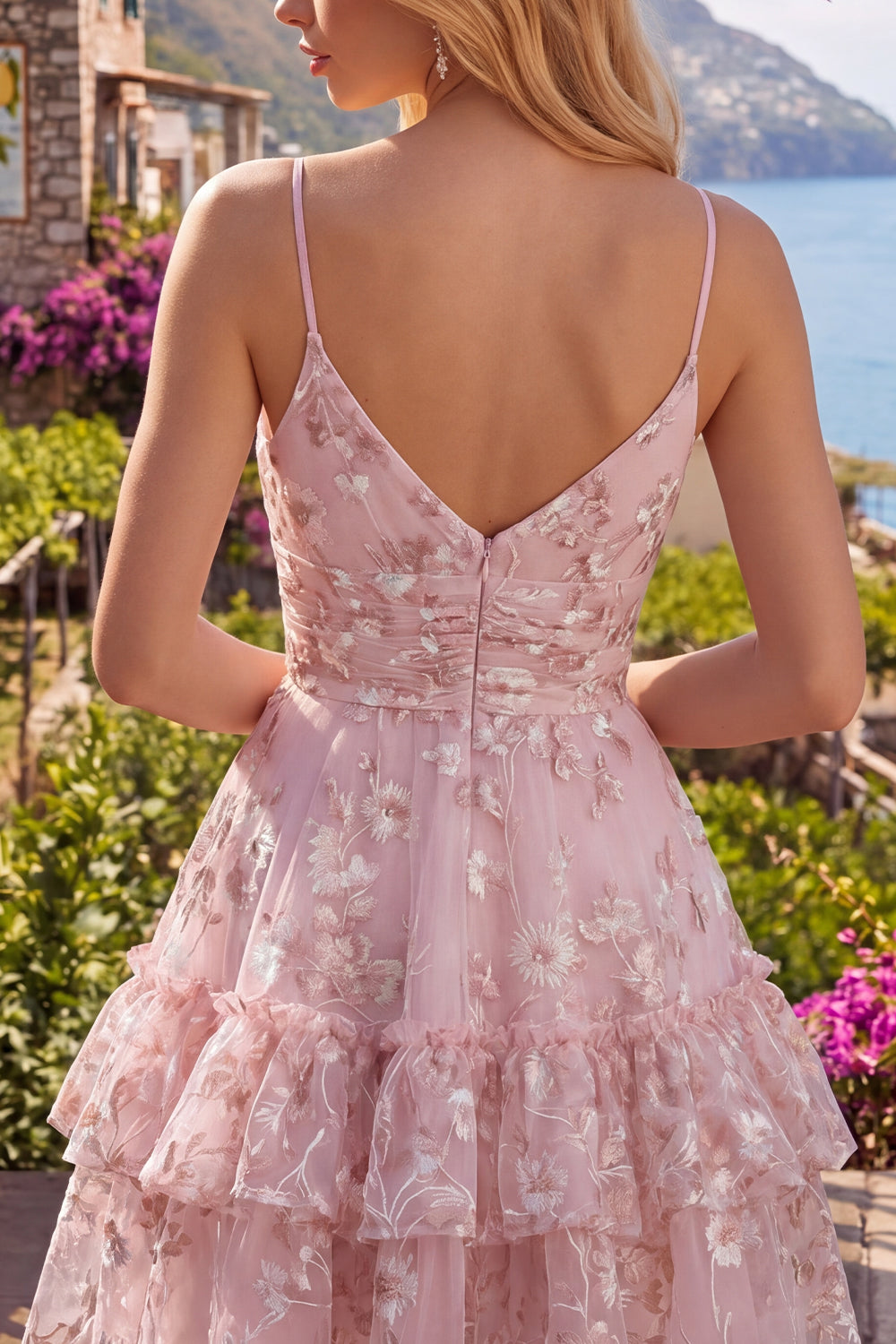 A Line Floral Pink Ruched Spaghetti Straps Ruffled Short Homecoming Dress