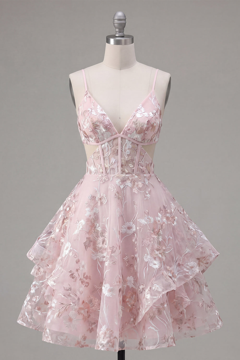 A Line Cut Out Floral Pink Ruffled Corset Mini Homecoming Dress