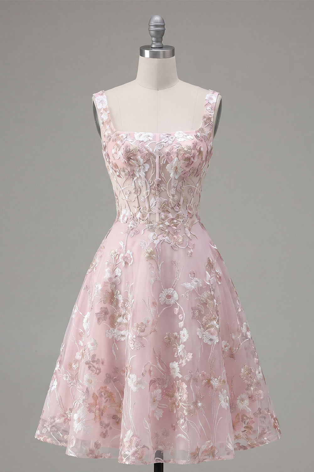 A Line Pink Floral Square Neck Corset Midi Homecoming Dress