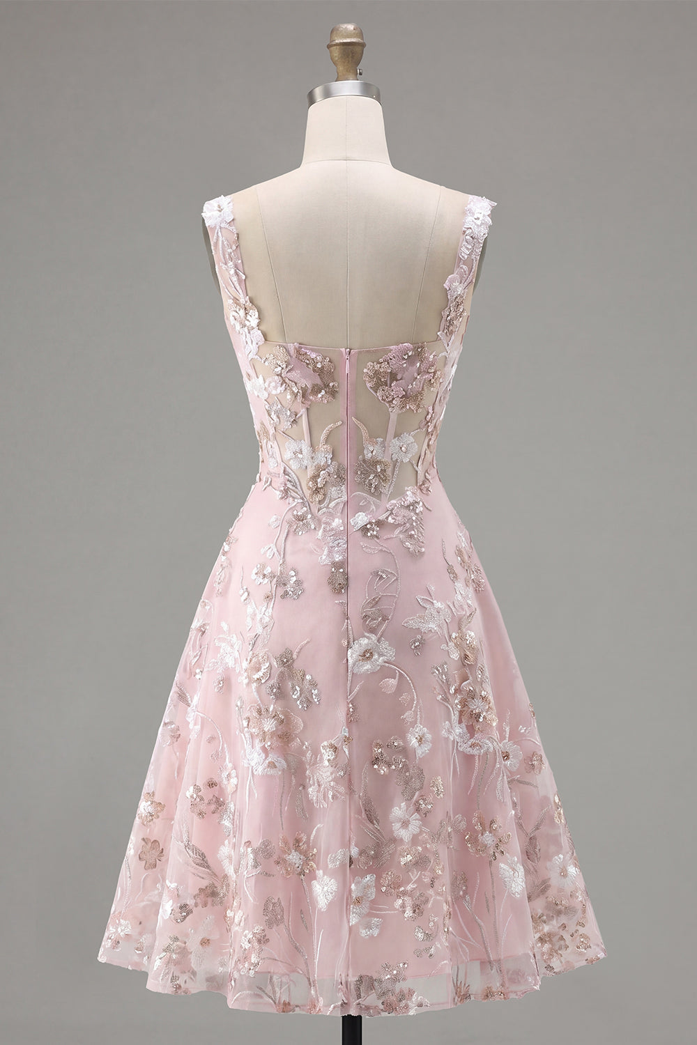 A Line Pink Floral Square Neck Corset Midi Homecoming Dress