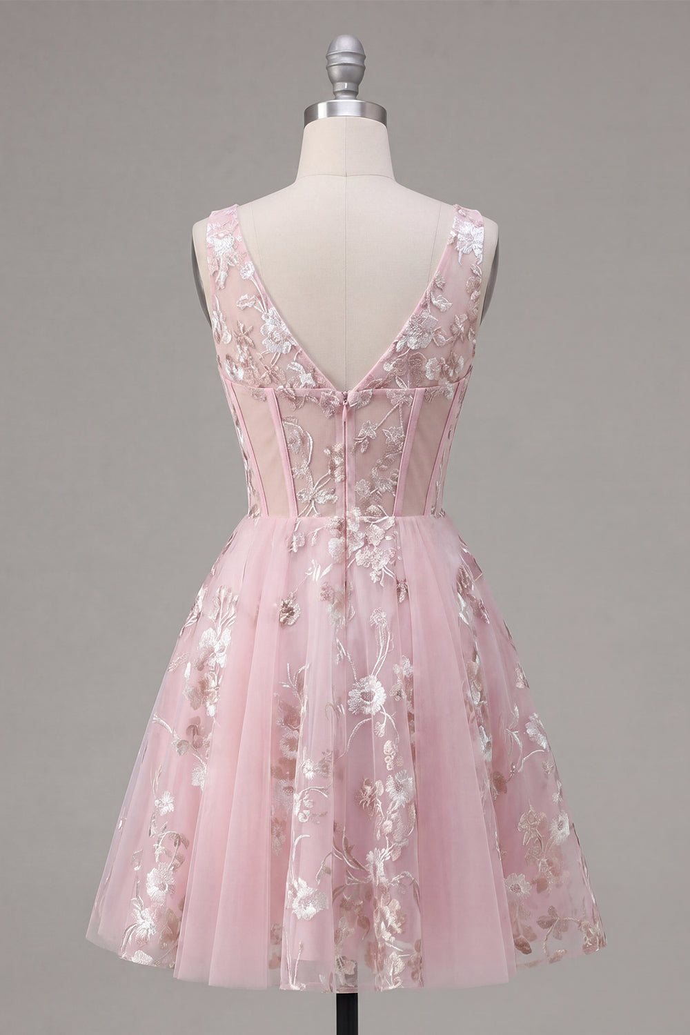 Floral V Neck Pink A Line Short Corset Homecoming Dress