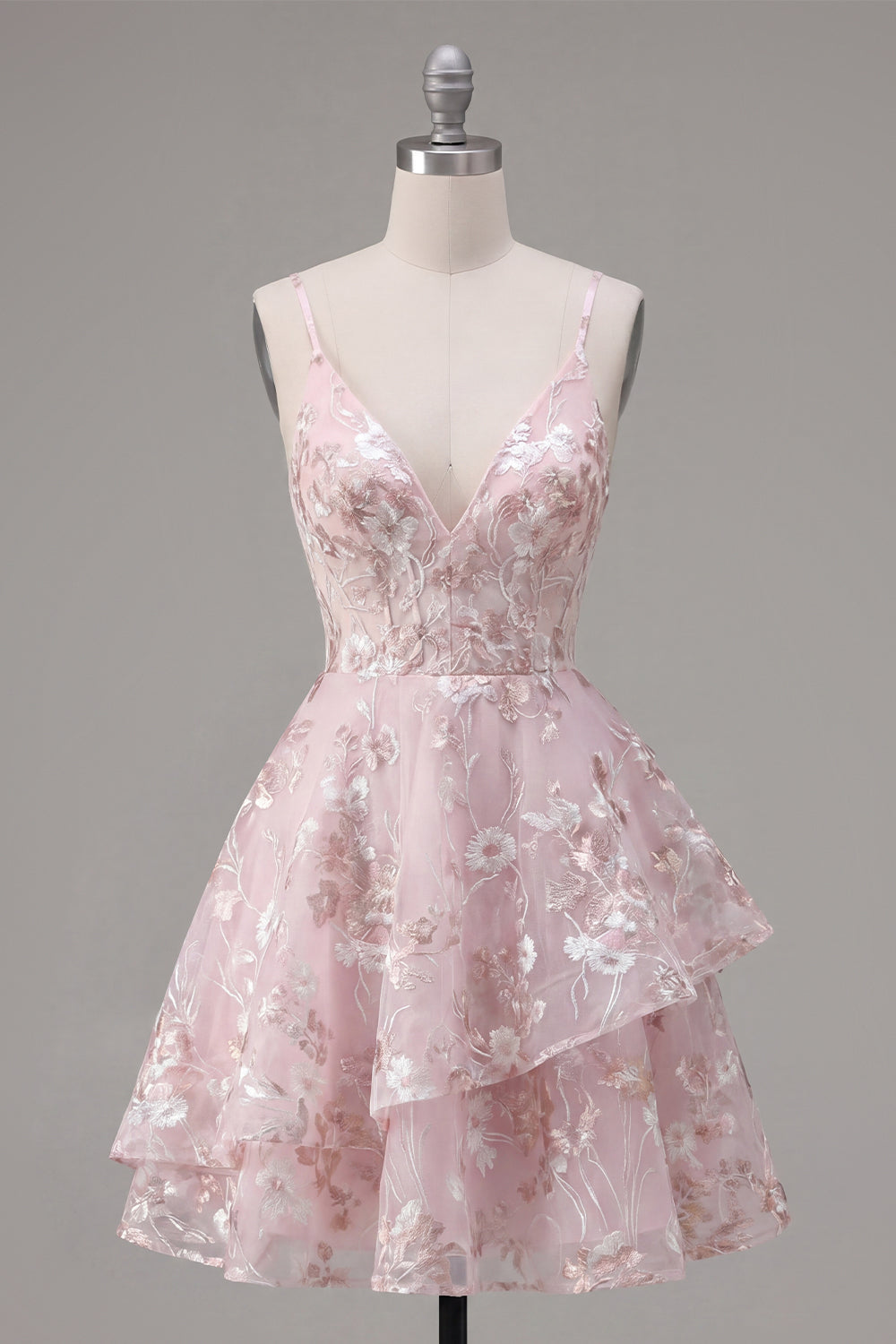Pink Floral Ruffled A Line Spaghetti Straps Short Corset Homecoming Dress